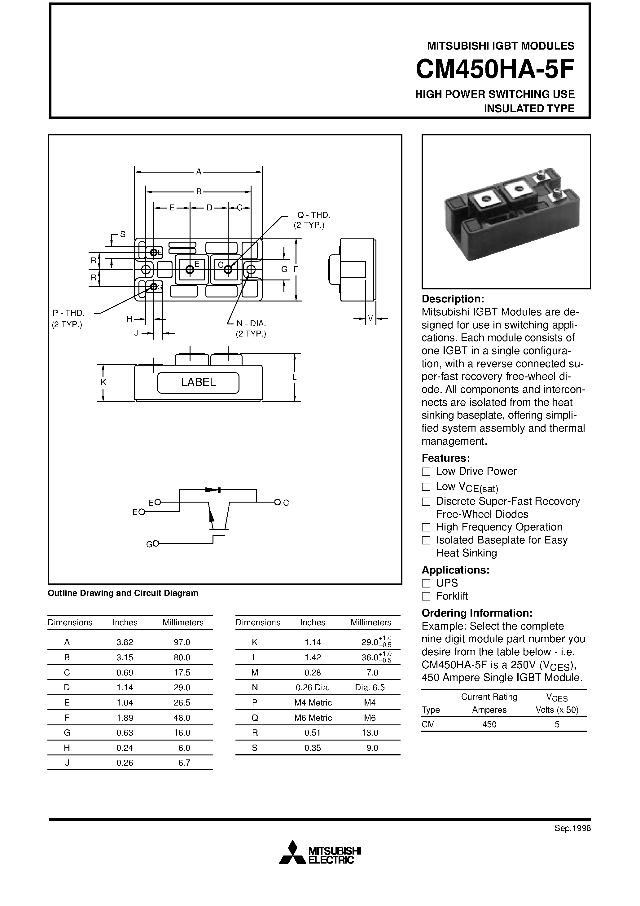 Даташит на микросхему CM450HA-5F страница 1 Даташит CM450HA-5F - HIGH POWER SWITCHING USE INSULATED TYPE страница 1