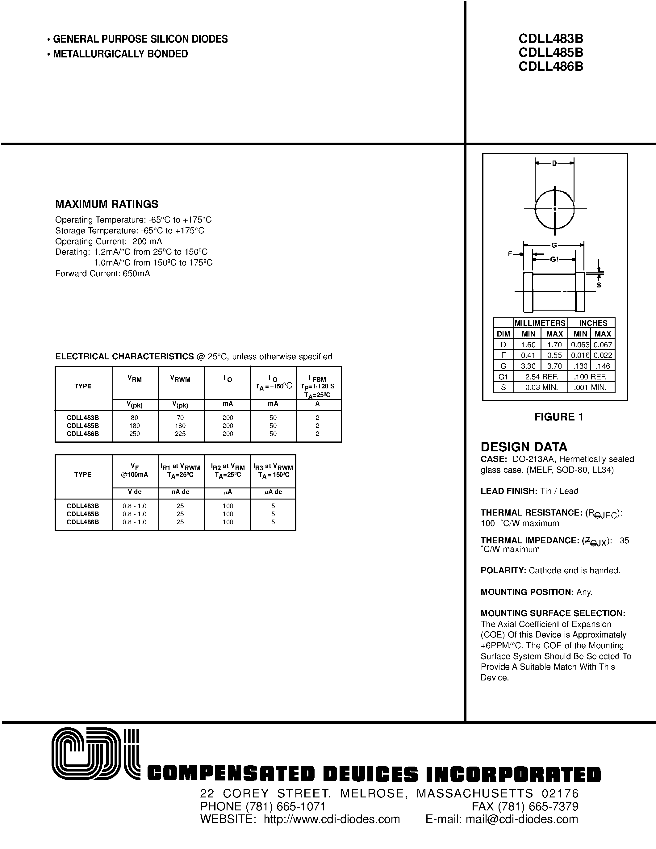 Даташит CDLL486B - GENERAL PURPOSE SILICON DIODES страница 1