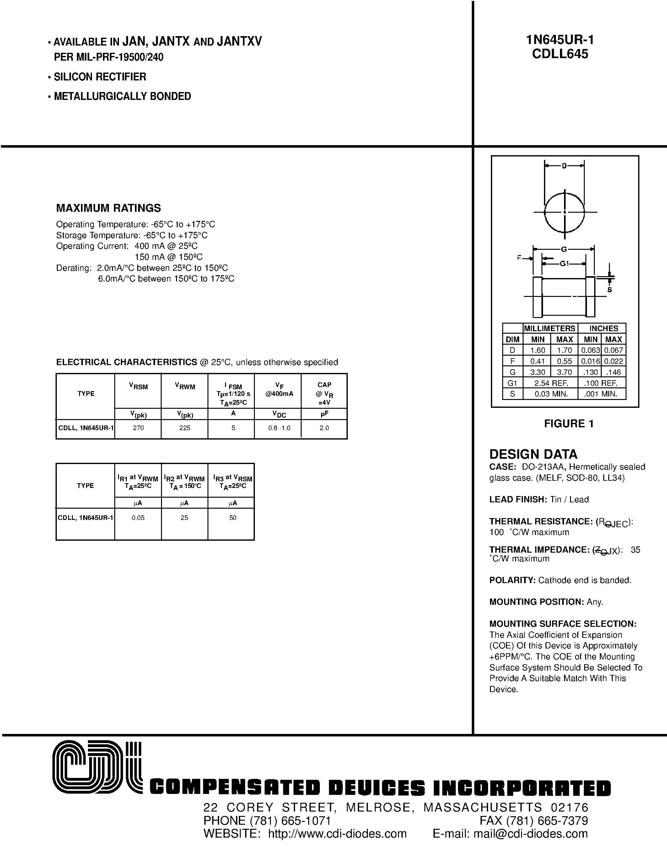 Datasheet CDLL645 page 1 Datasheet CDLL645 - SILICON RECTIFIER page 1