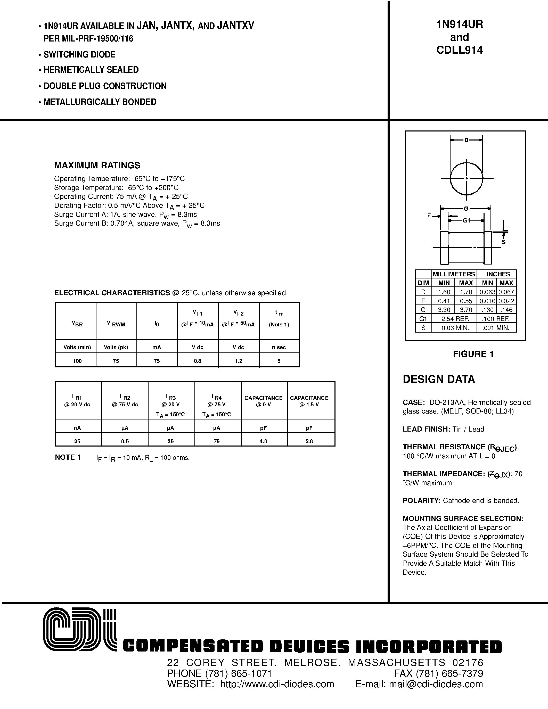 Даташит CDLL914 - SWITCHING DIODE страница 1