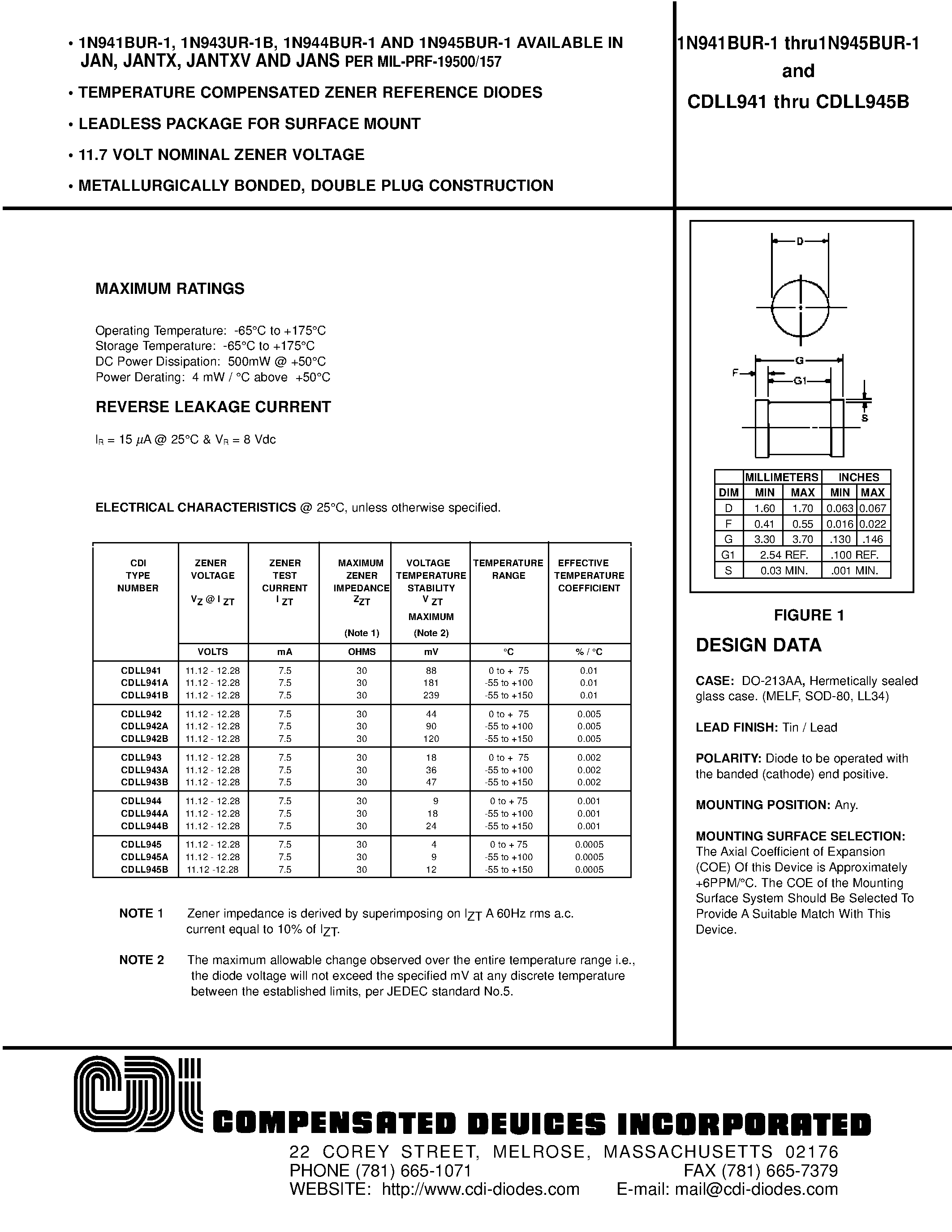 Даташит на микросхему CDLL943B страница 1 Даташит CDLL943B - TEMPERATURE COMPENSATED ZENER REFERENCE DIODES страница 1