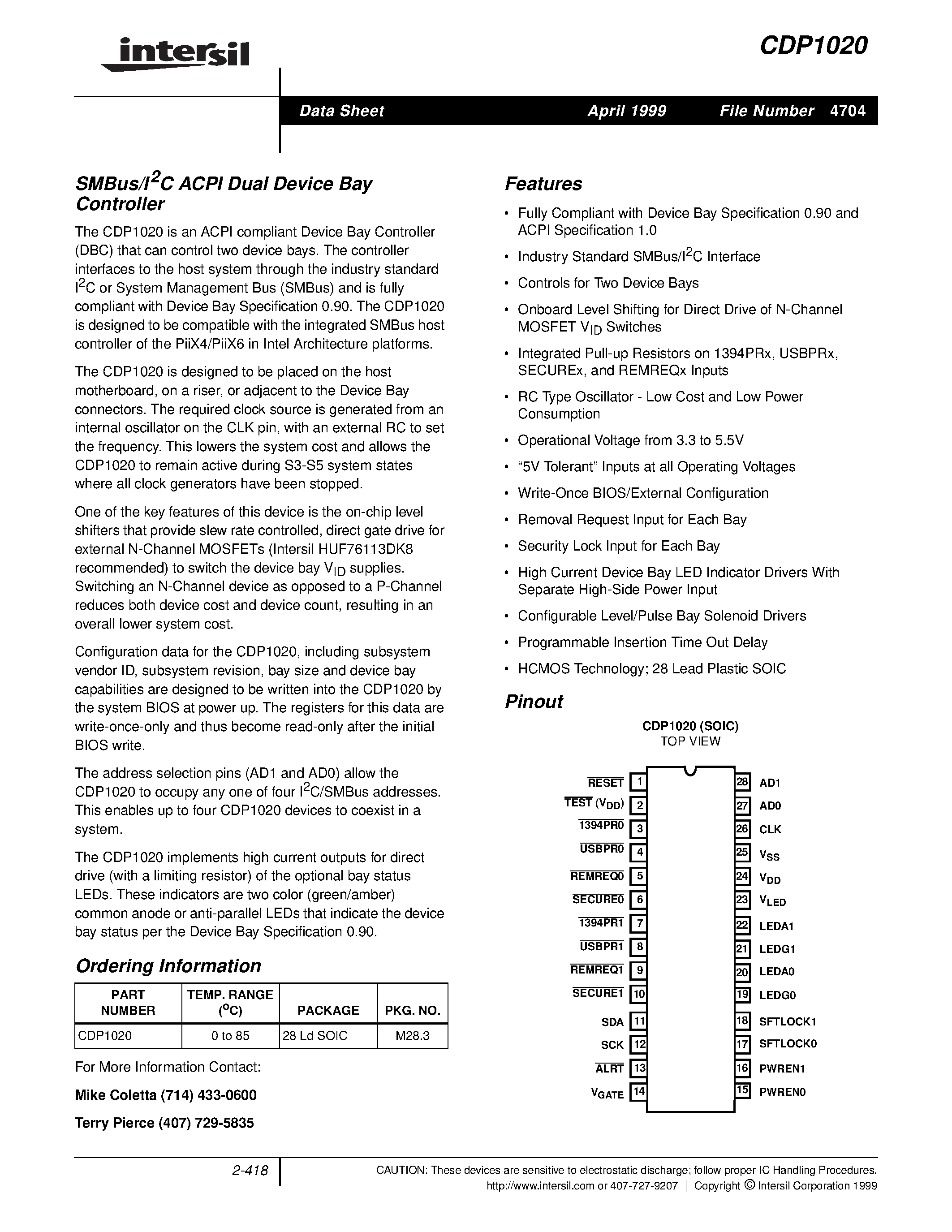 Datasheet CDP1020 - SMBus/I2C ACPI Dual Device Bay Controller page 1