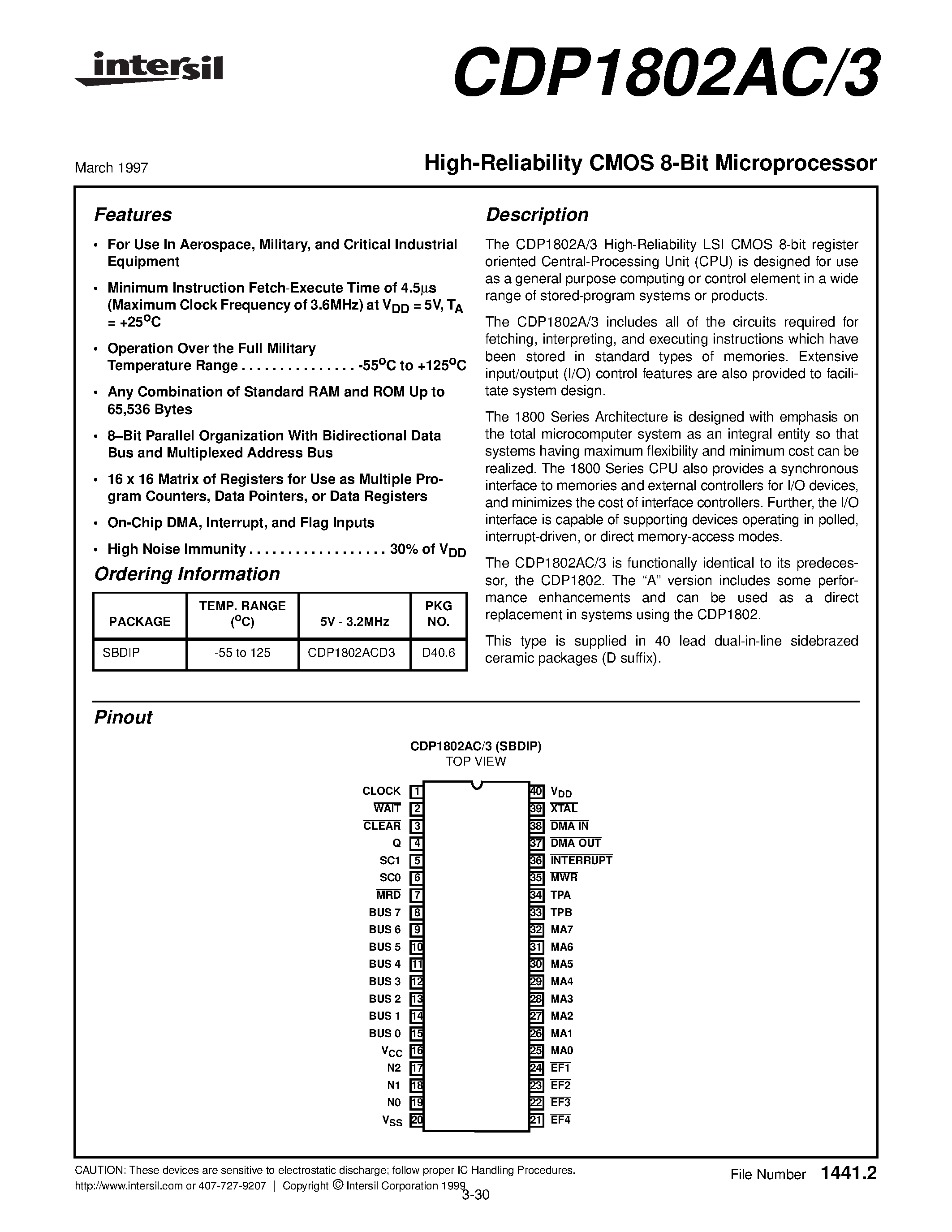 Даташит на микросхему CDP1802AC страница 1 Даташит CDP1802AC - CMOS 8-Bit Microprocessors страница 1