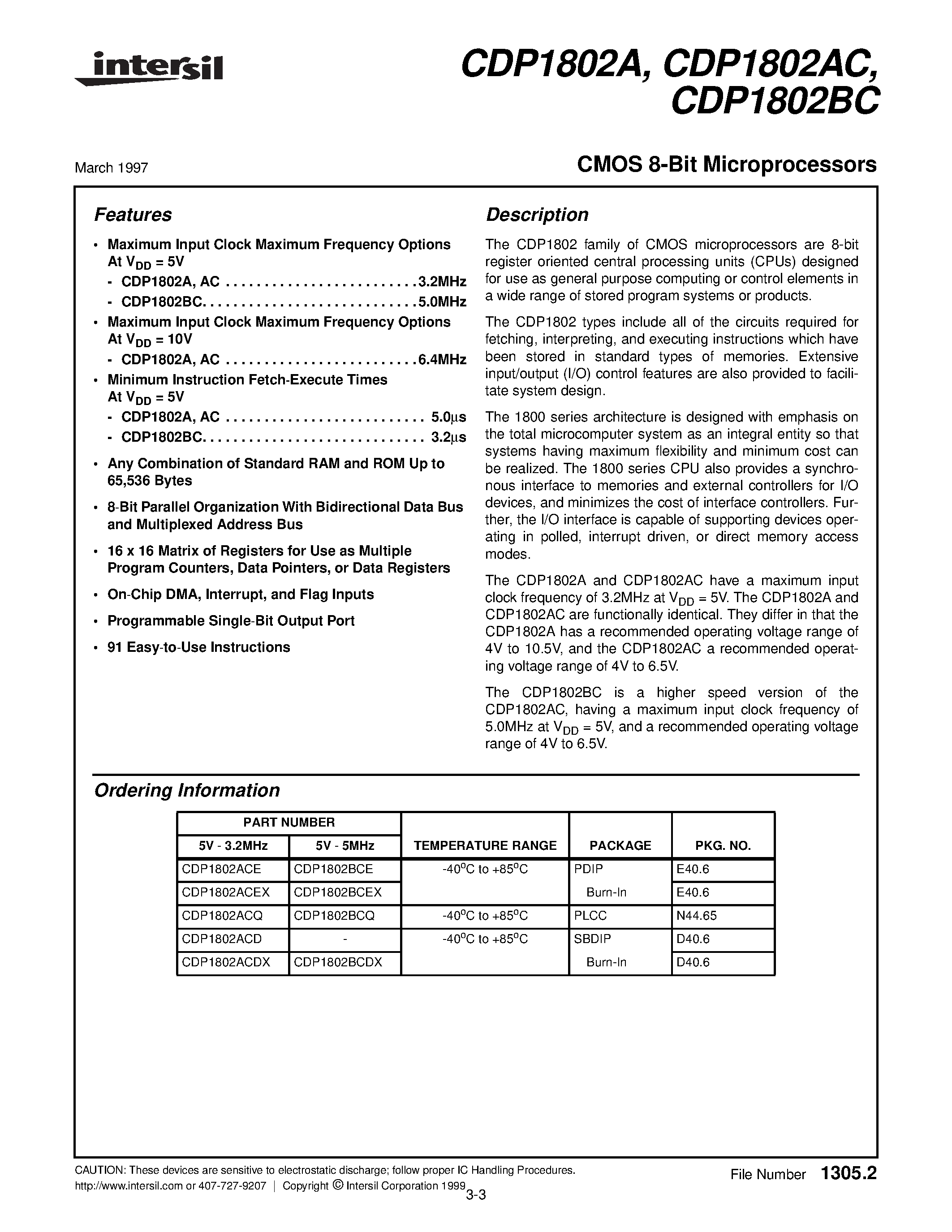 Даташит на микросхему CDP1802BCQ страница 1 Даташит CDP1802BCQ - CMOS 8-Bit Microprocessors страница 1