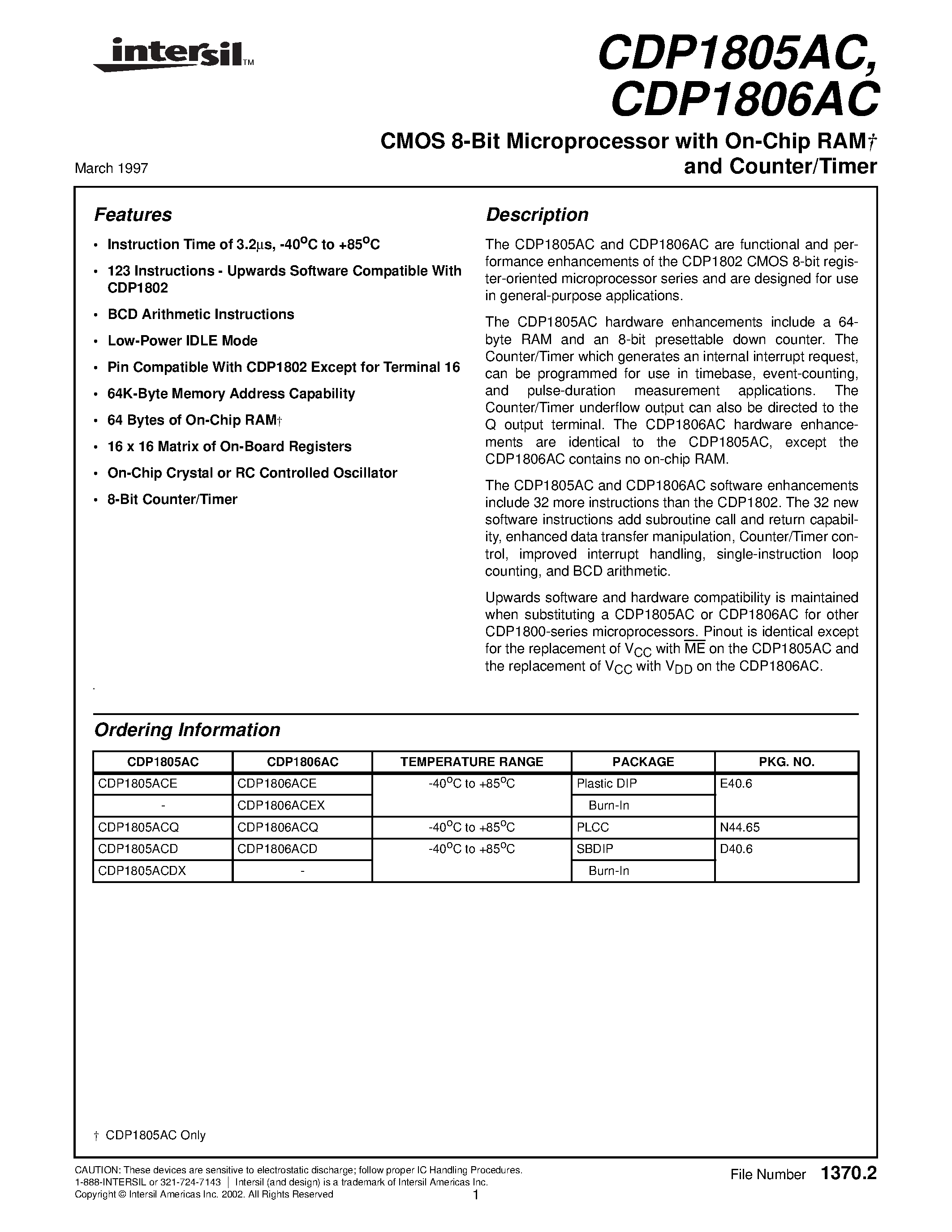 Даташит на микросхему CDP1805 страница 1 Даташит CDP1805 - CMOS 8-Bit Microprocessor with On-Chip RAM and Counter/Timer страница 1