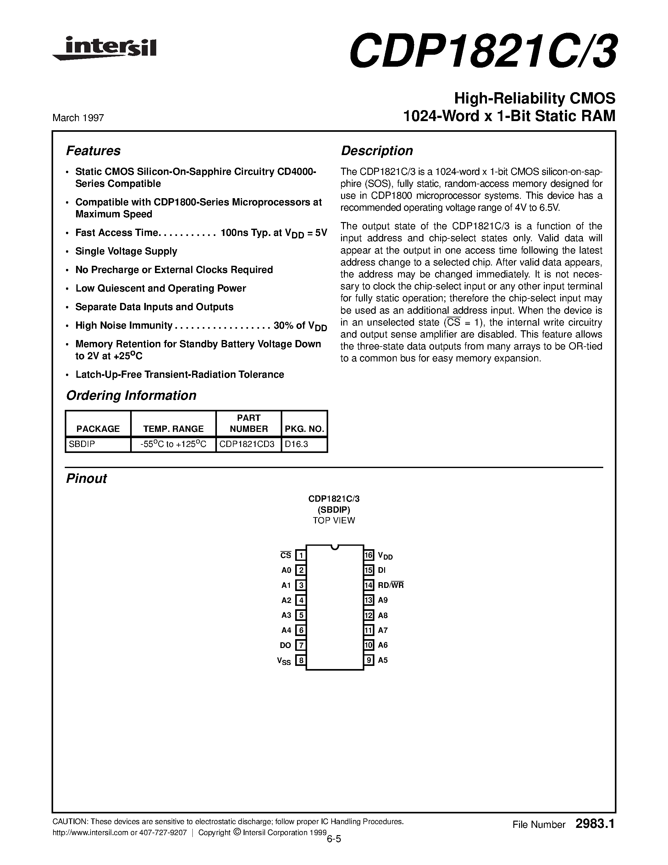 Даташит на микросхему CDP1821C страница 1 Даташит CDP1821C - High-Reliability CMOS 1024-Word x 1-Bit Static RAM страница 1