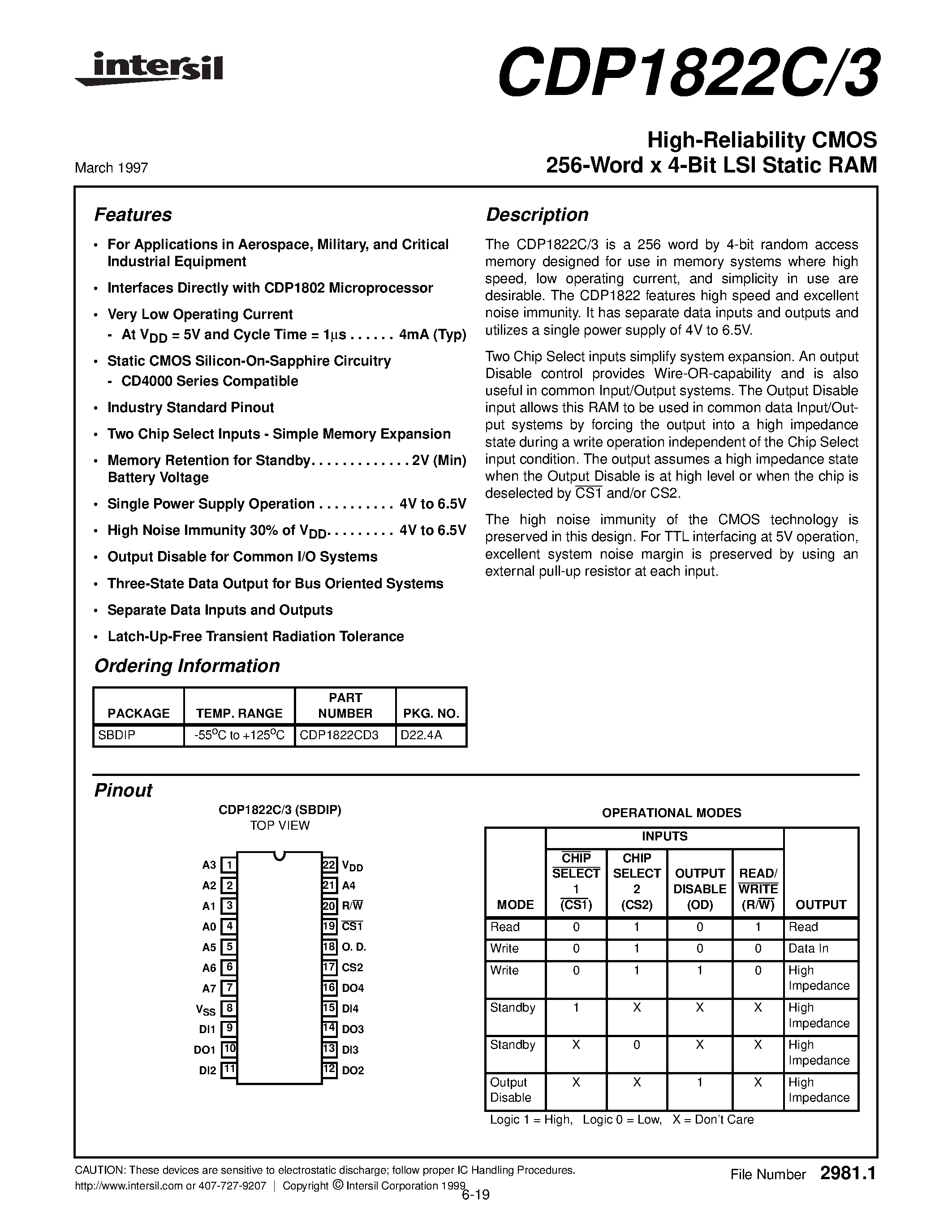 Datasheet CDP1822C3 - High-Reliability CMOS 256-Word x 4-Bit LSI Static RAM page 1