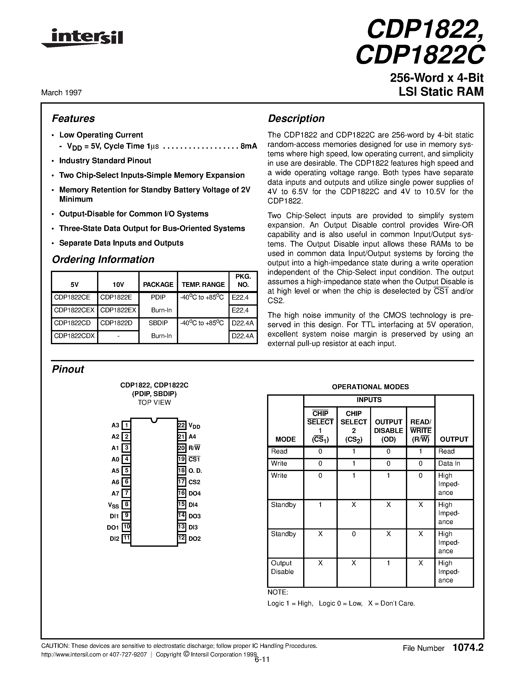Datasheet CDP1822D - 256-Word x 4-Bit LSI Static RAM page 1