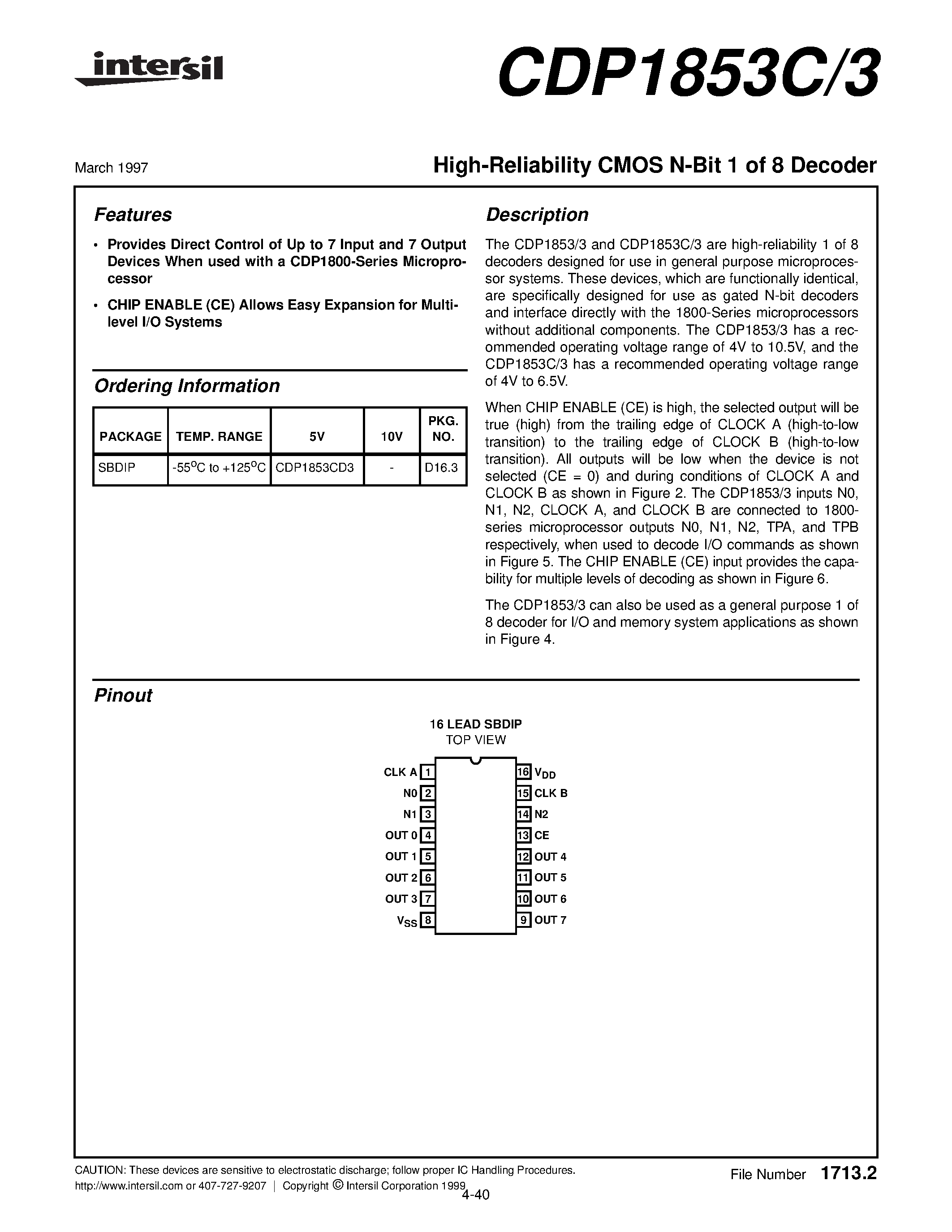 Datasheet CDP1853CD3 - High-Reliability CMOS N-Bit 1 of 8 Decoder page 1