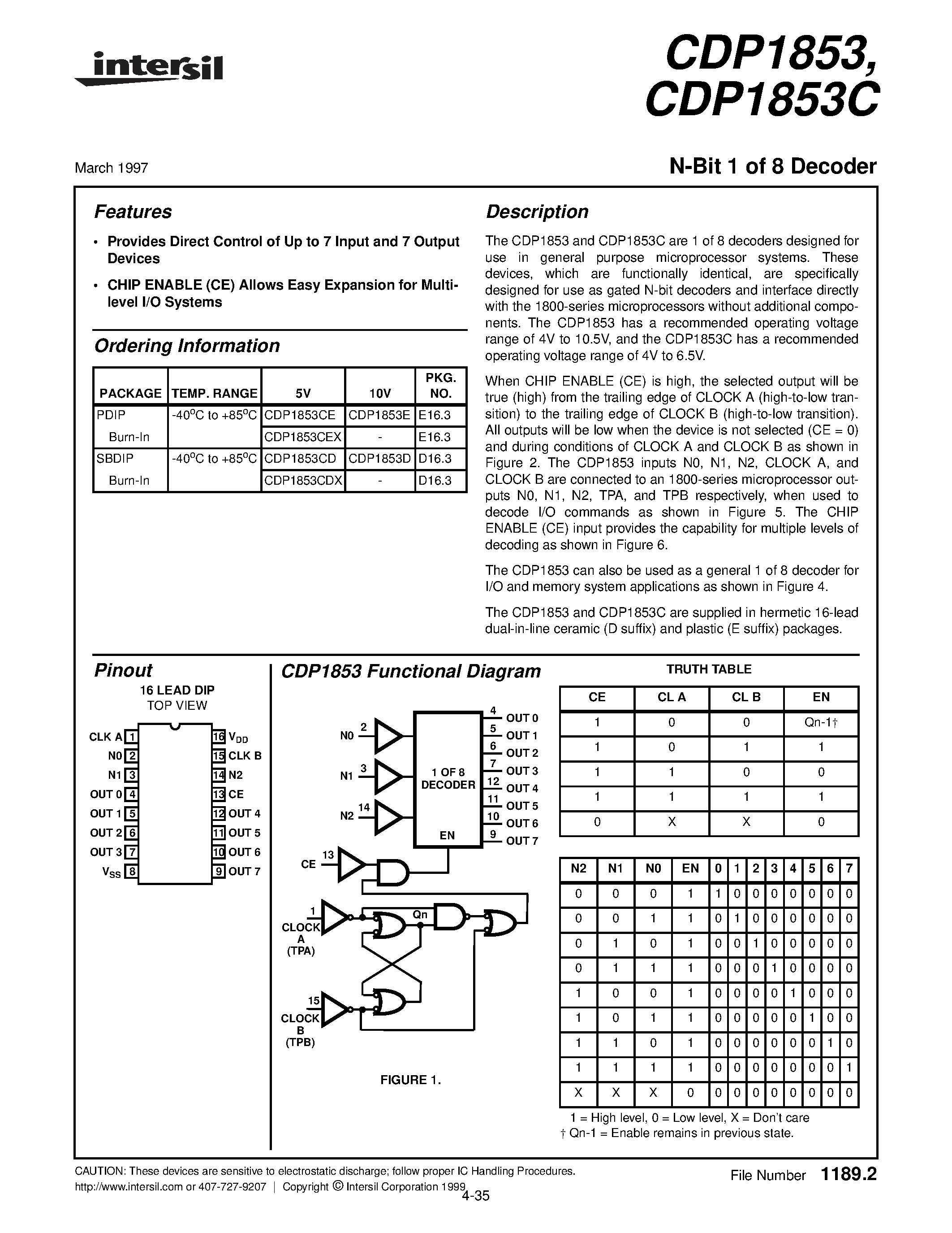 Datasheet CDP1853CE - N-Bit 1 of 8 Decoder page 1