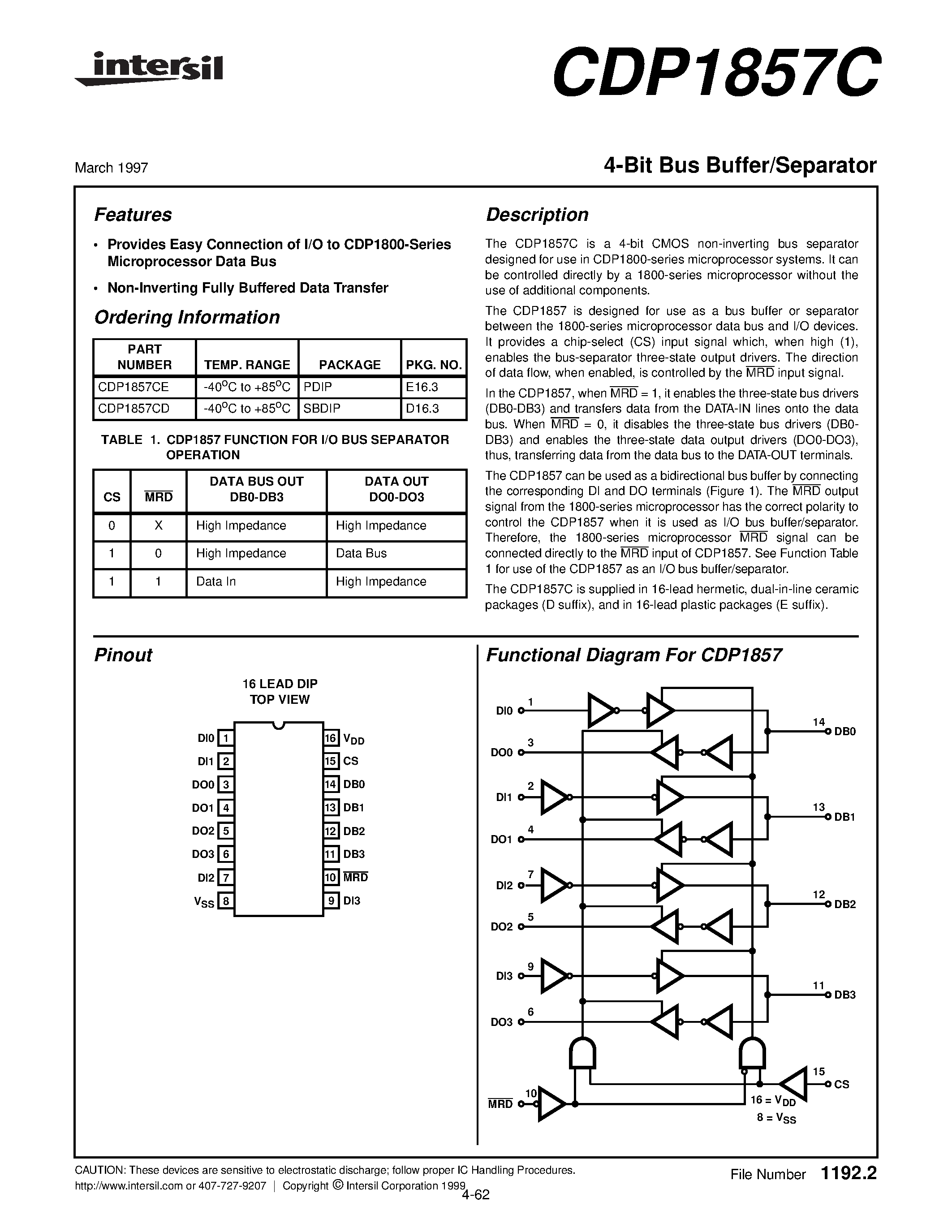 Datasheet CDP1857C - 4-Bit Bus Buffer/Separator page 1