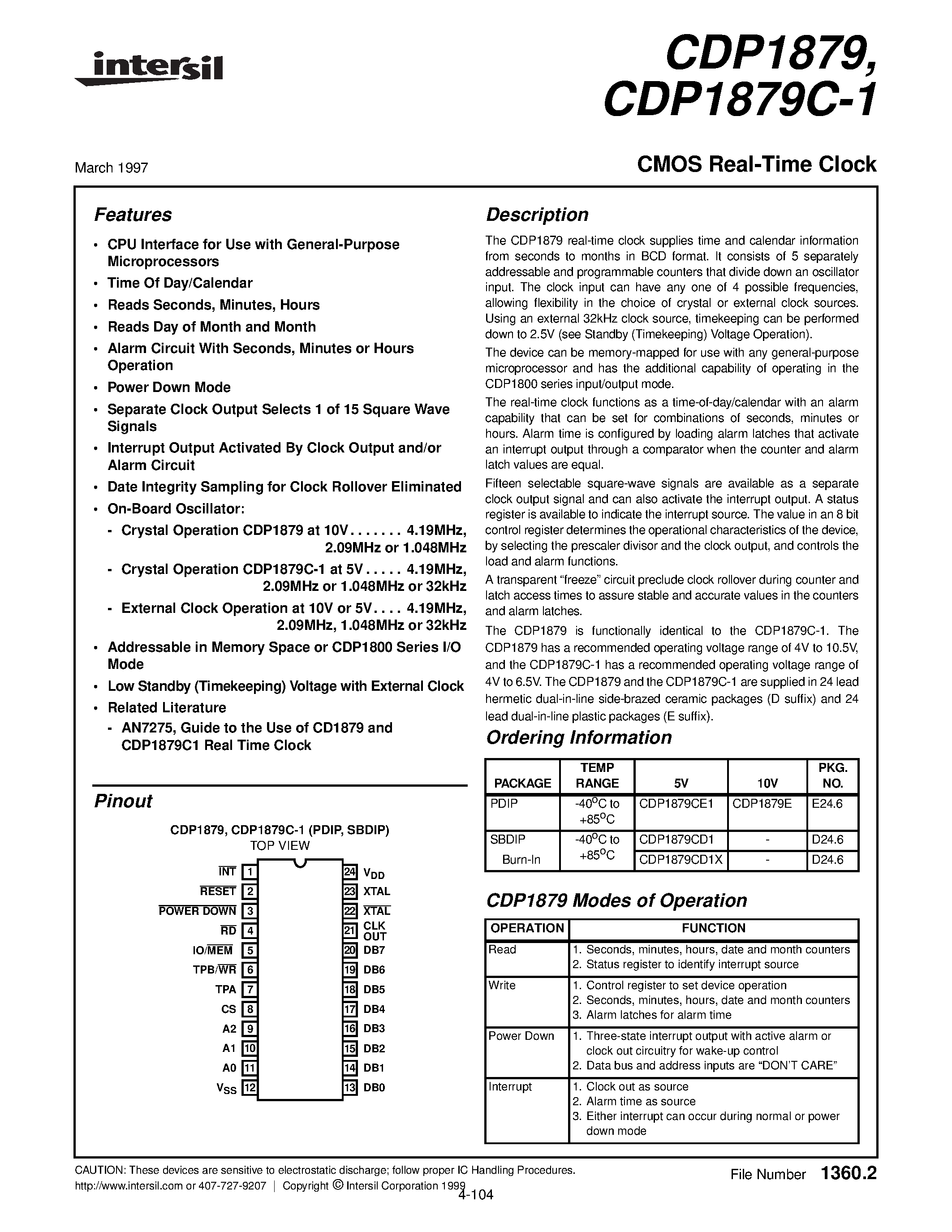 Даташит CDP1879C-1 - CMOS Real-Time Clock страница 1