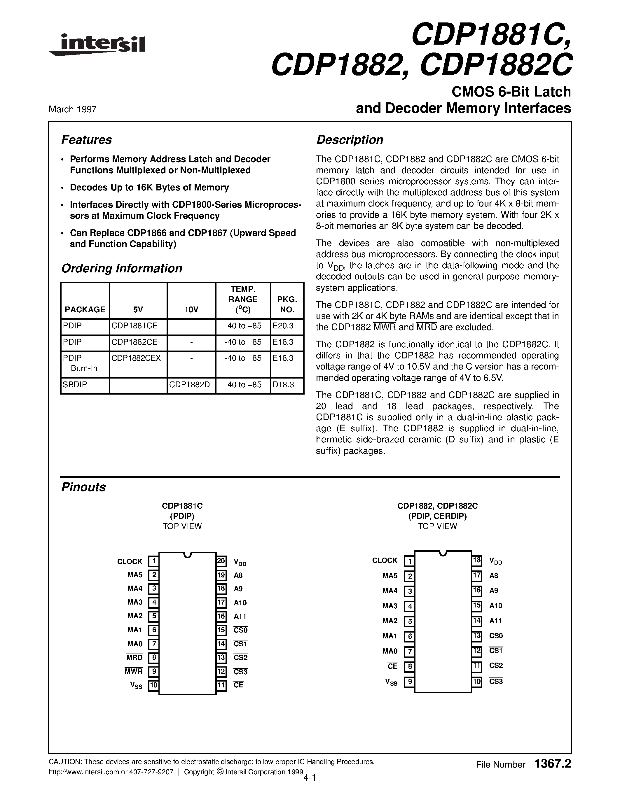 Datasheet CDP1882C - CMOS 6-Bit Latch and Decoder Memory Interfaces page 1