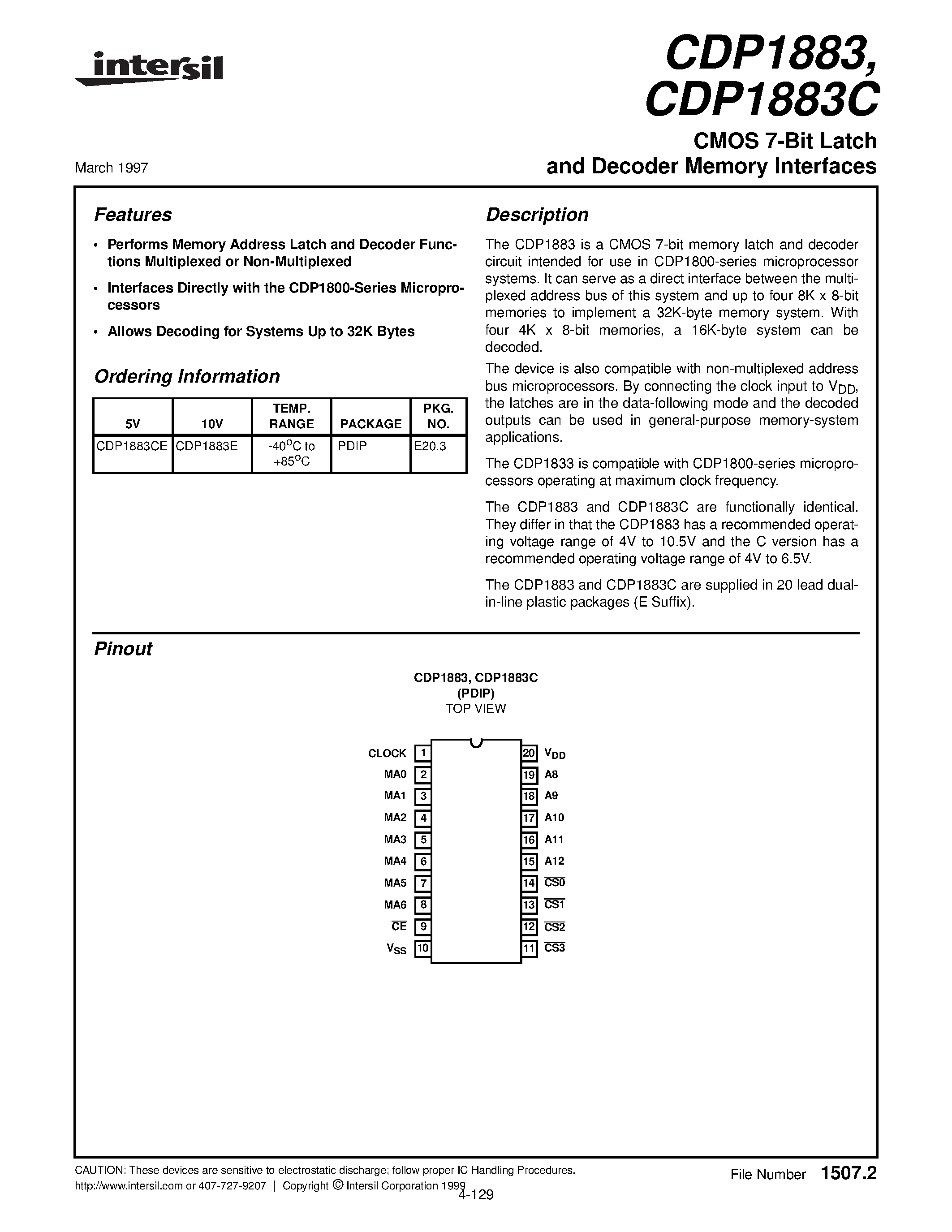 Datasheet CDP1883E - CMOS 7-Bit Latch and Decoder Memory Interfaces page 1