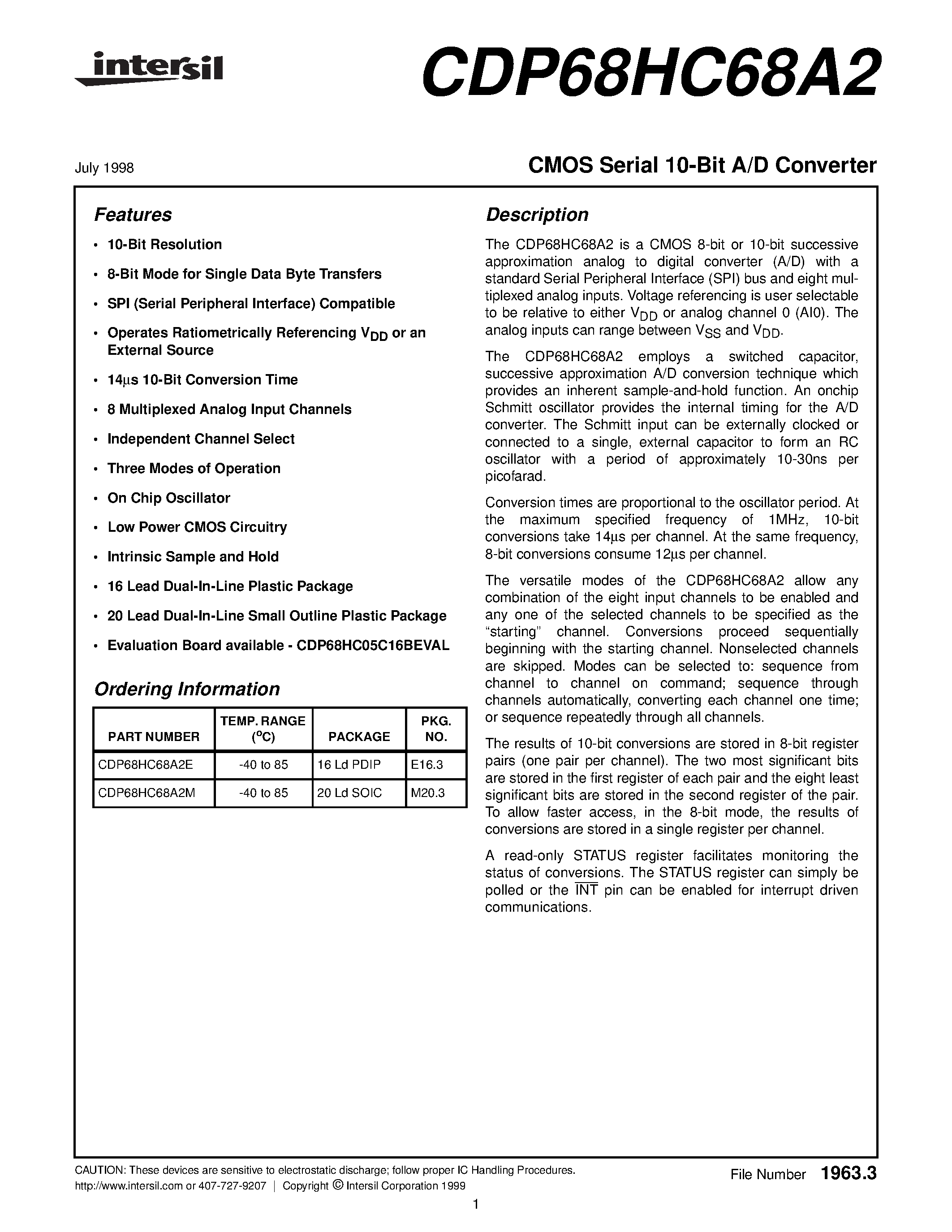 Datasheet CDP68HC68A2E page 1 Datasheet CDP68HC68A2E - CMOS Serial 10-Bit A/D Converter page 1