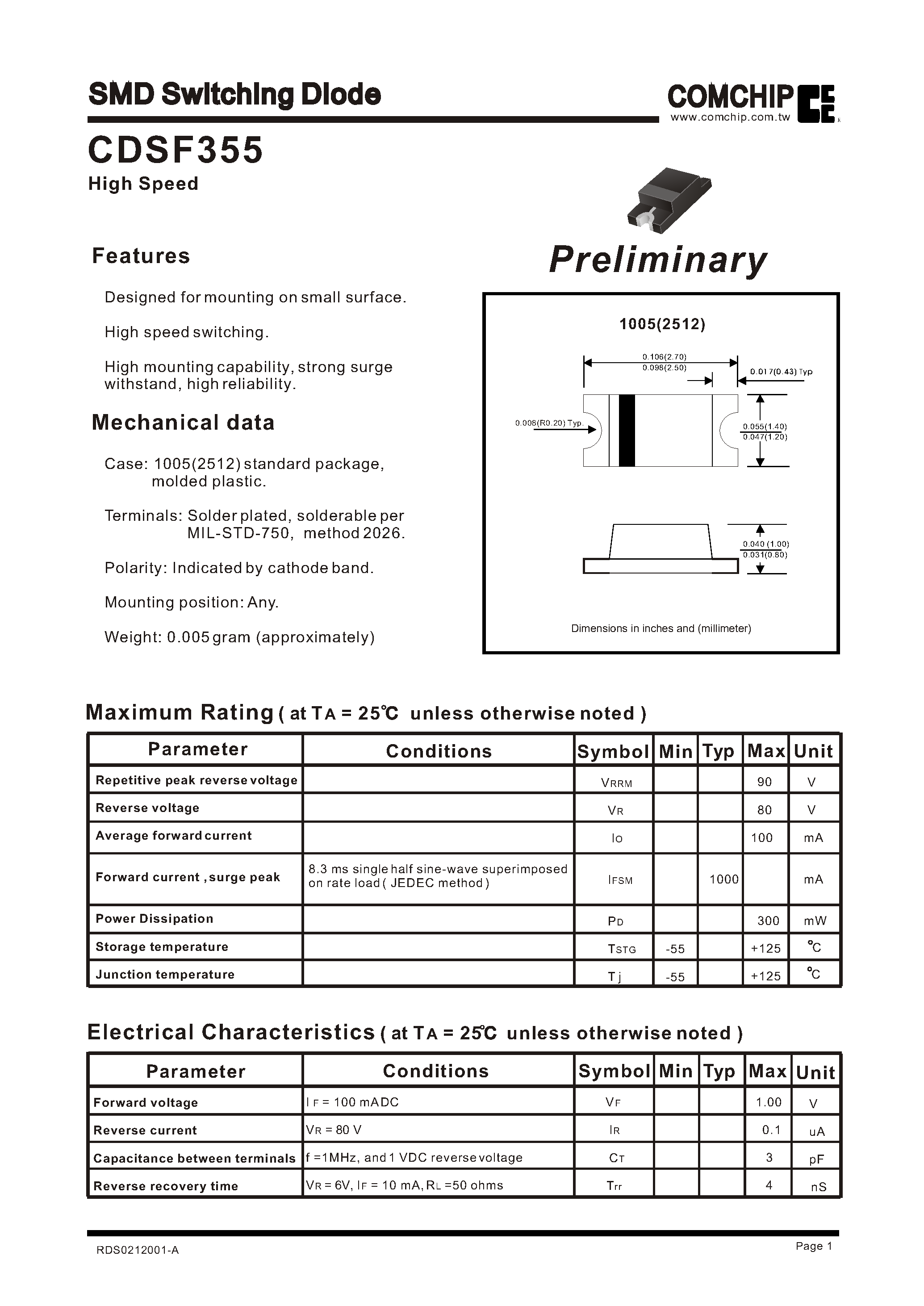 Даташит на микросхему CDSF355 страница 1 Даташит CDSF355 - SMD Switching Diode страница 1