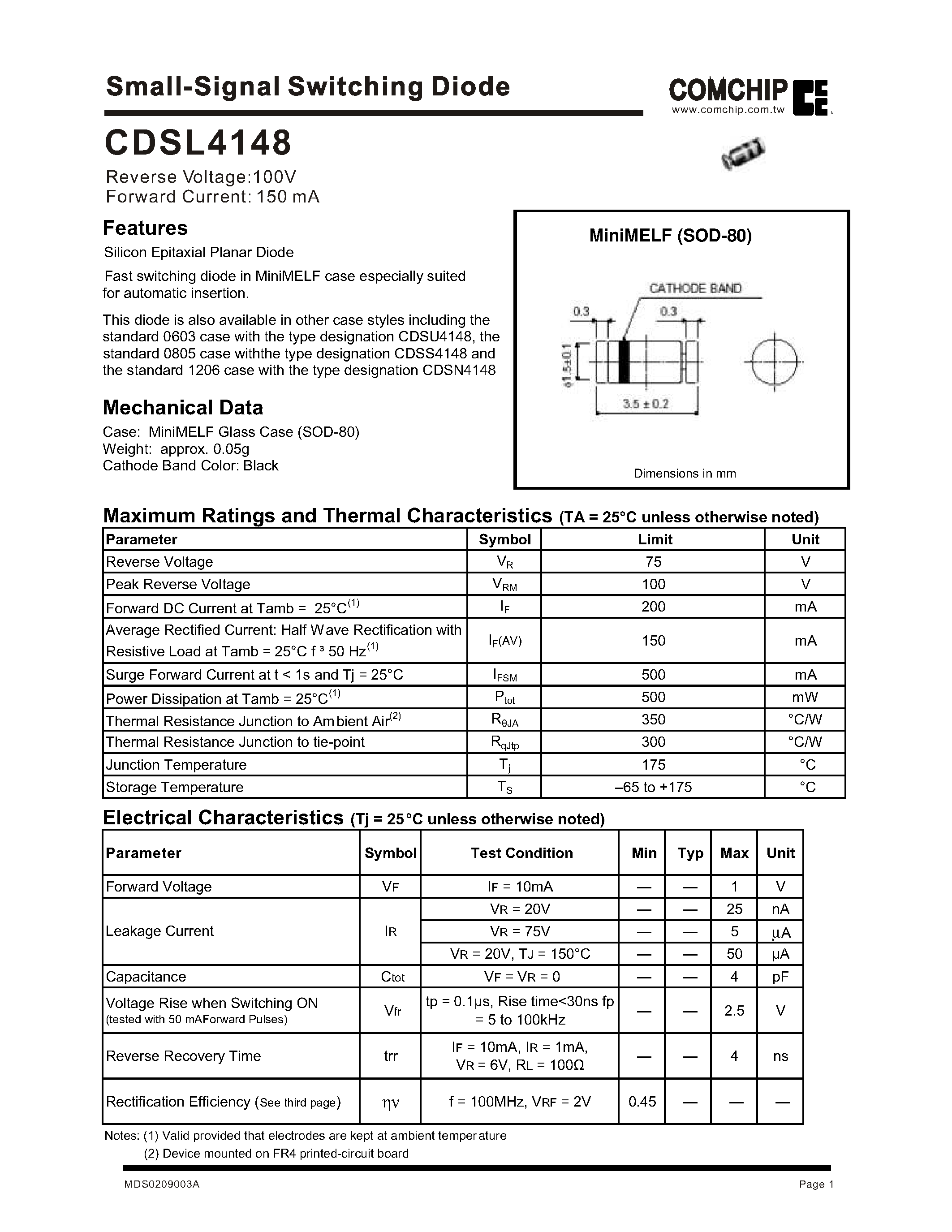 Даташит на микросхему CDSL4148 страница 1 Даташит CDSL4148 - Small-Signal Switching Diode страница 1
