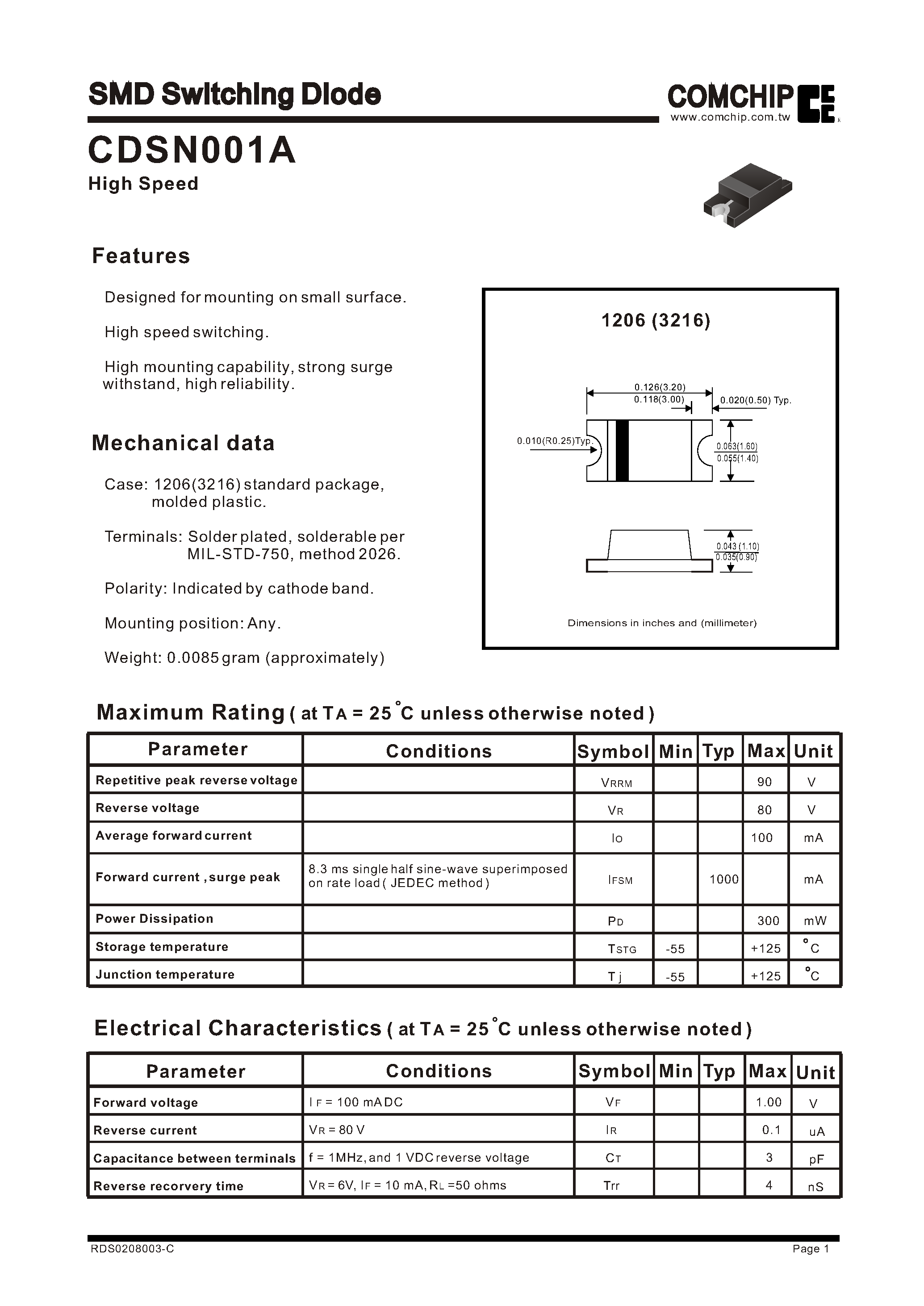 Даташит на микросхему CDSN001A страница 1 Даташит CDSN001A - SMD Switching Diode страница 1