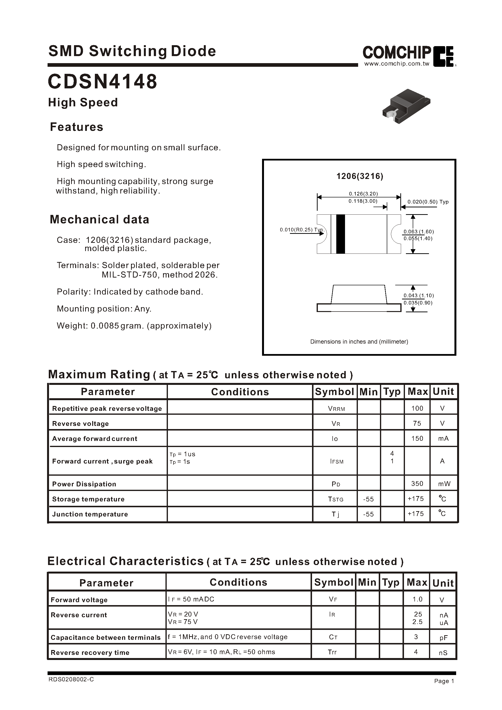 Даташит на микросхему CDSN4148 страница 1 Даташит CDSN4148 - SMD Switching Diode страница 1