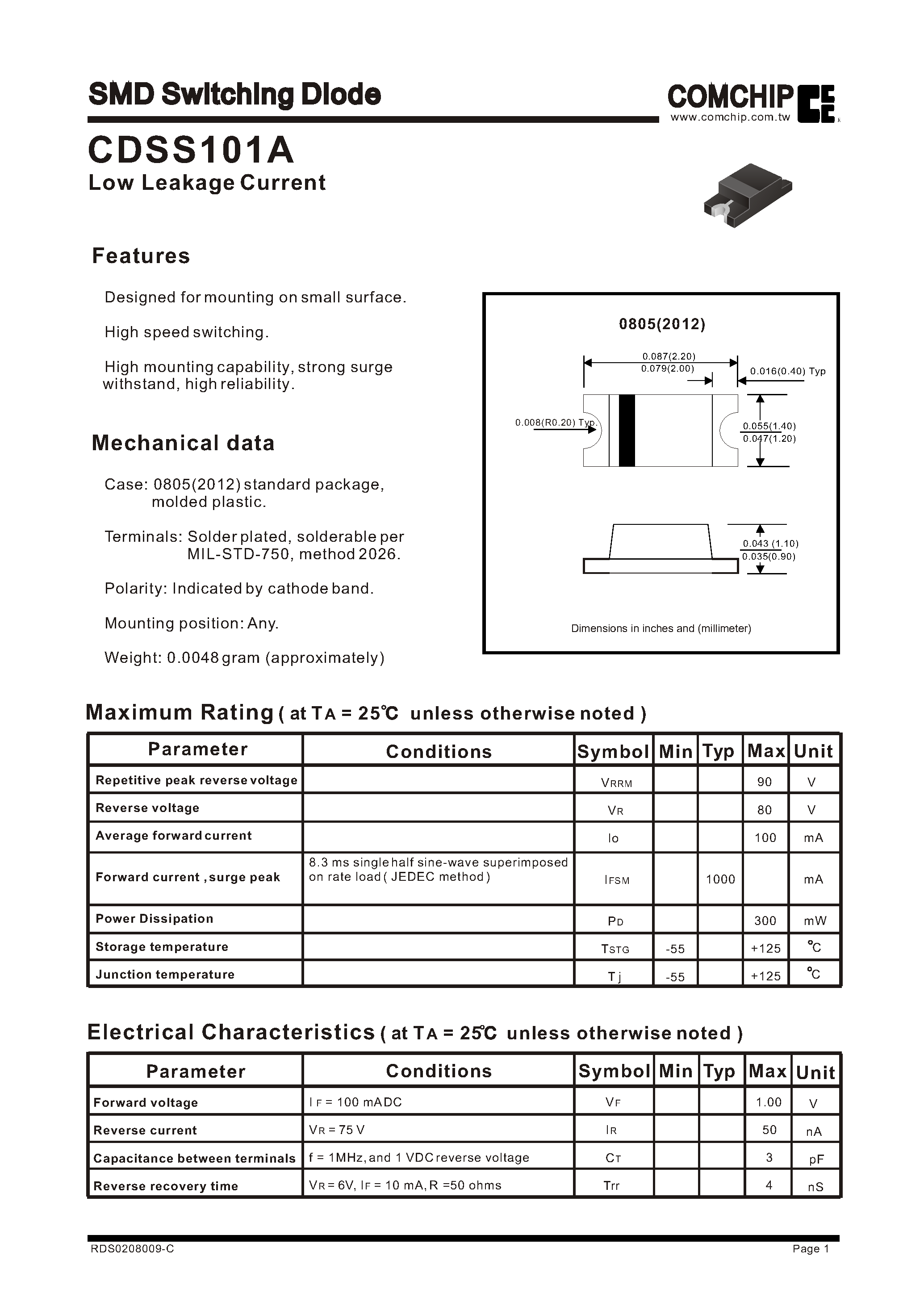 Даташит на микросхему CDSS101A страница 1 Даташит CDSS101A - SMD Switching Diode страница 1