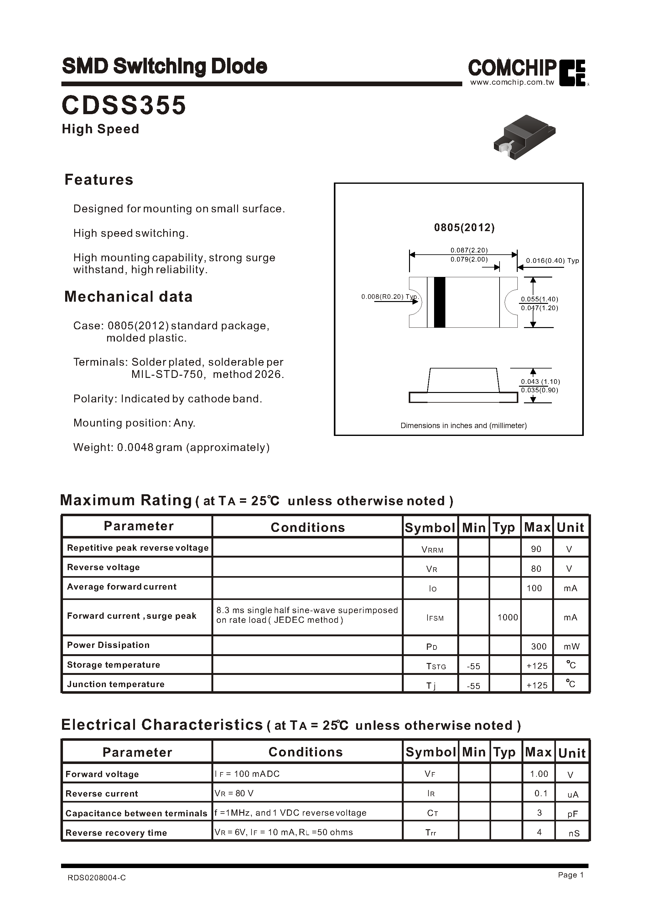 Даташит на микросхему CDSS355 страница 1 Даташит CDSS355 - SMD Switching Diode страница 1
