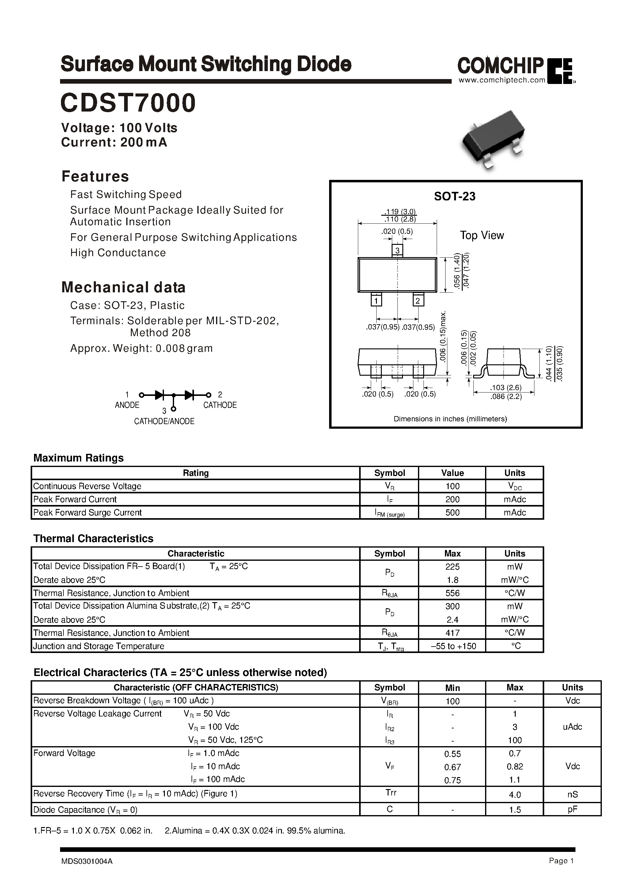 Даташит на микросхему CDST7000 страница 1 Даташит CDST7000 - Surface Mount Switching Diode страница 1