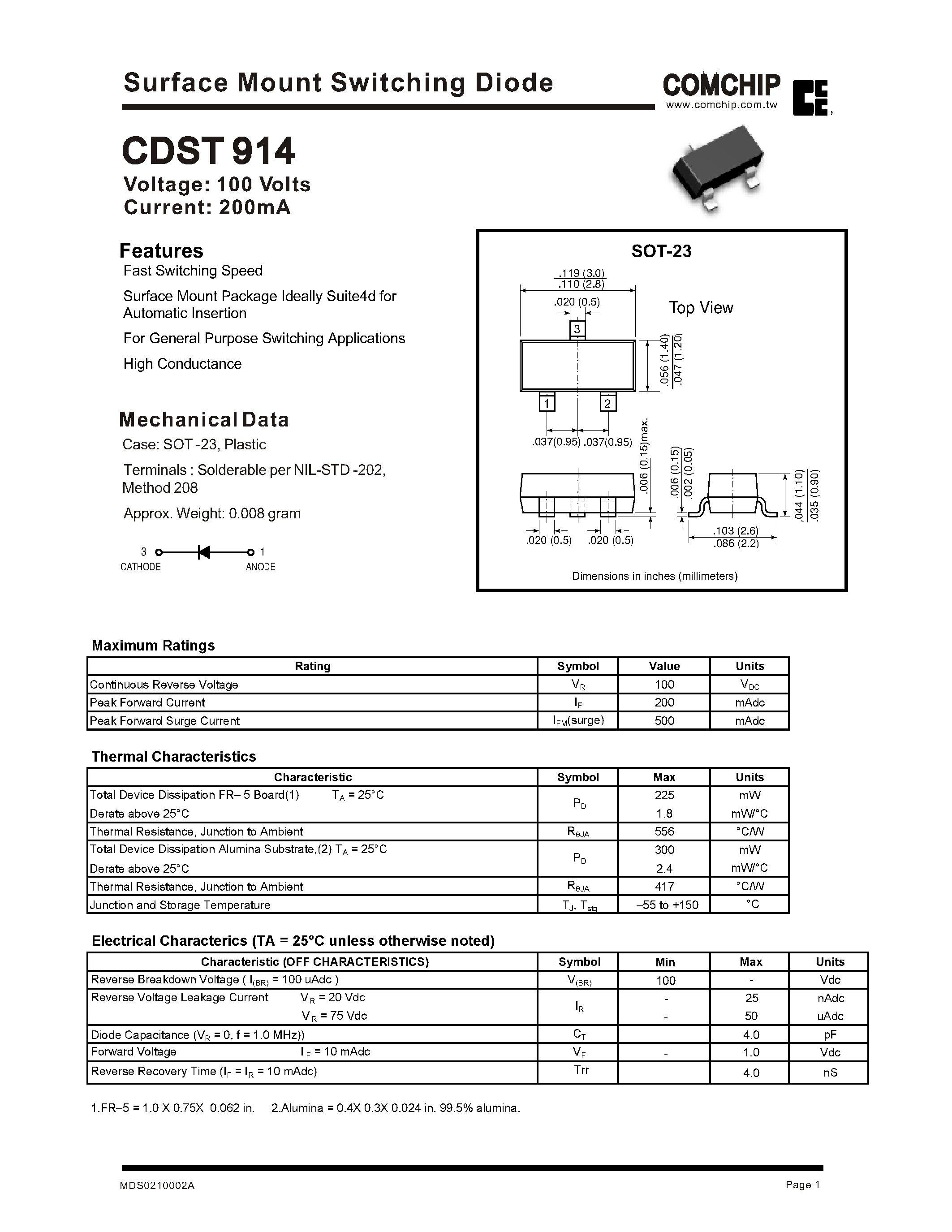 Даташит на микросхему CDST914 страница 1 Даташит CDST914 - Surface Mount Switching Diode страница 1