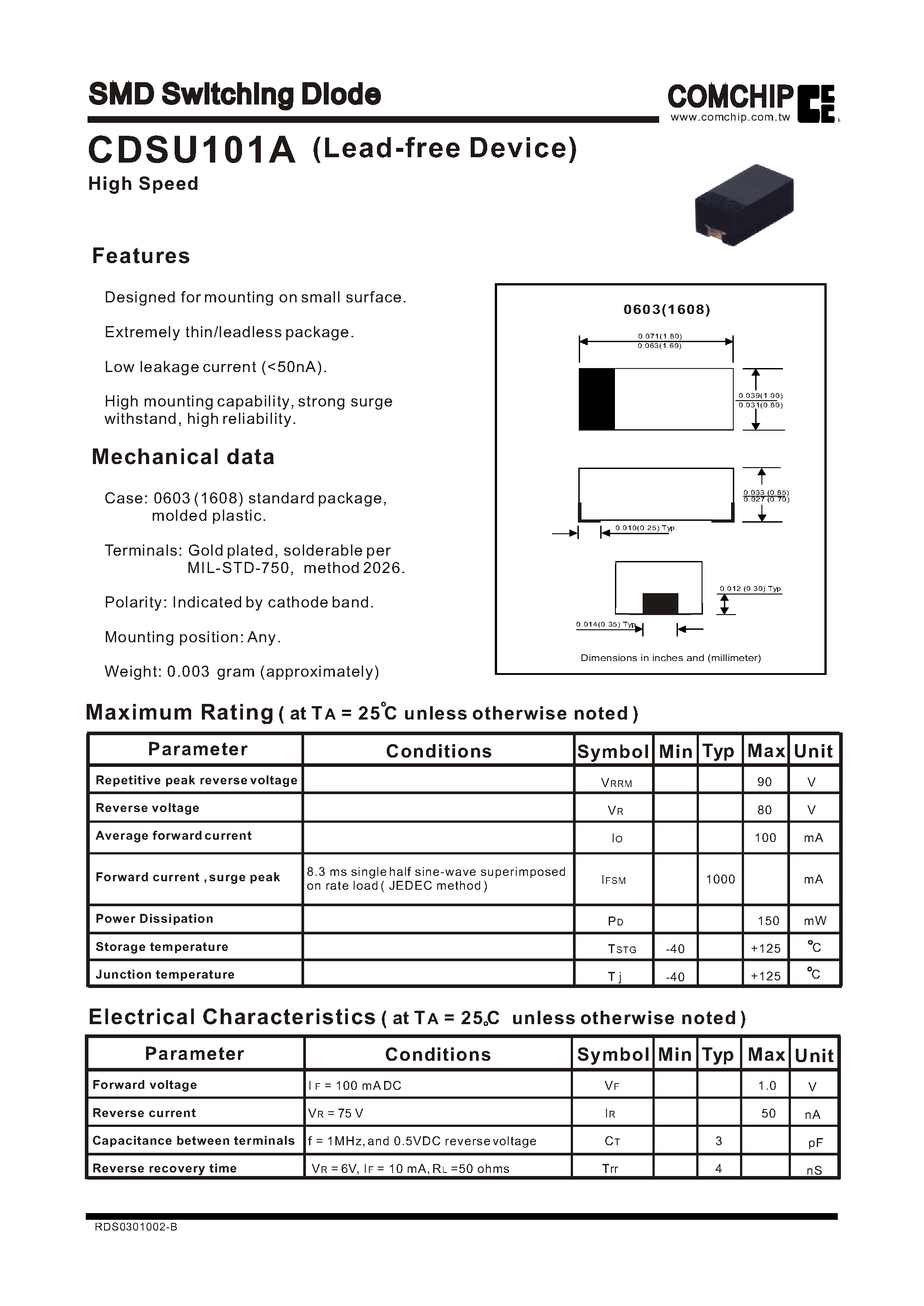 Даташит на микросхему CDSU101A страница 1 Даташит CDSU101A - SMD Switching Diode страница 1