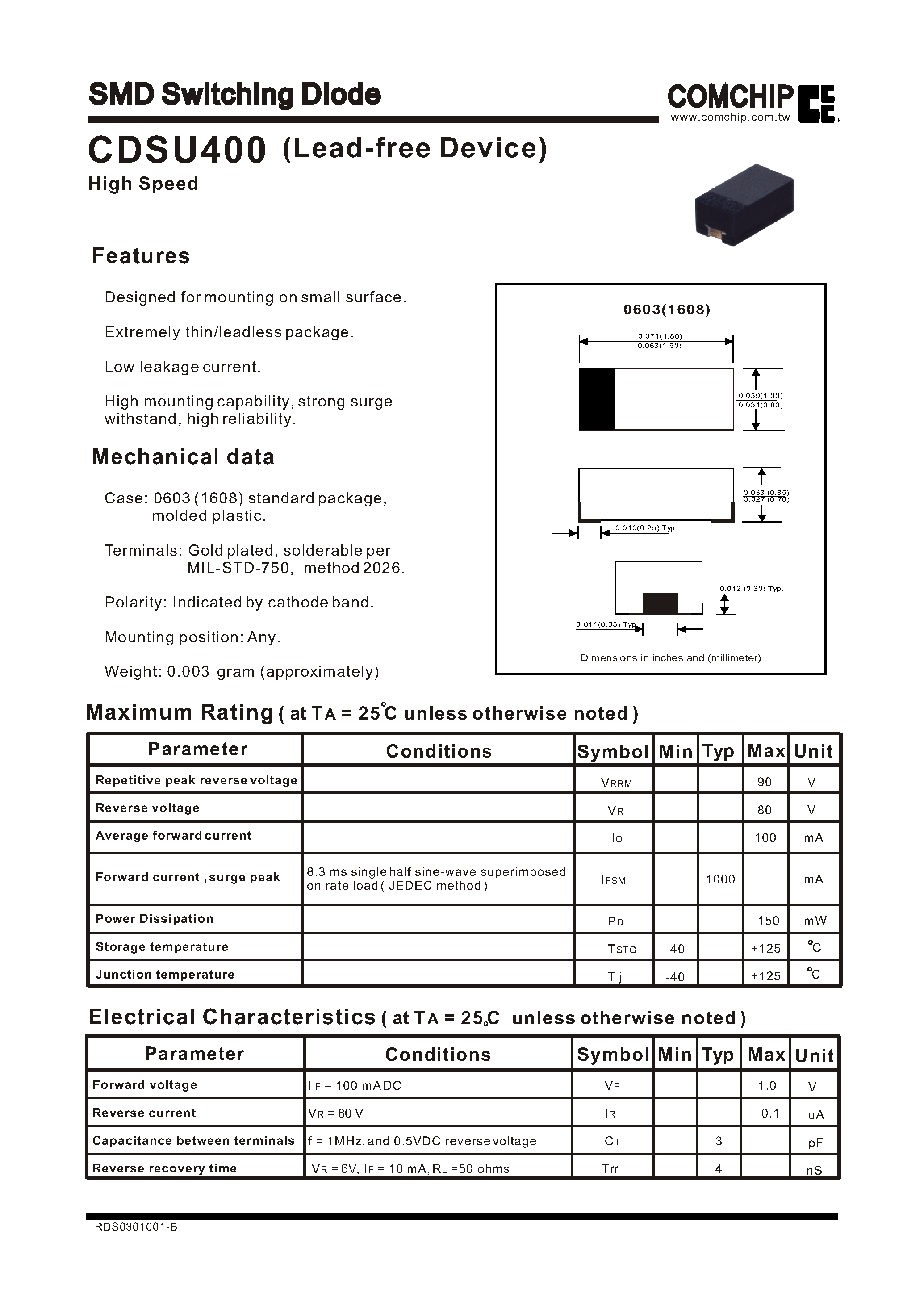 Даташит на микросхему CDSU400 страница 1 Даташит CDSU400 - SMD Switching Diode страница 1