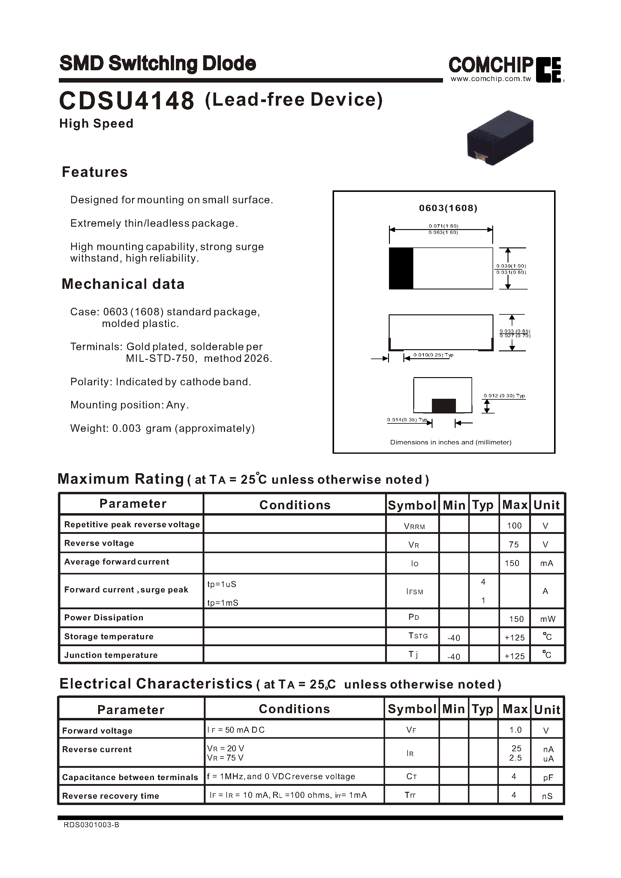 Даташит на микросхему CDSU4148 страница 1 Даташит CDSU4148 - SMD Switching Diode страница 1