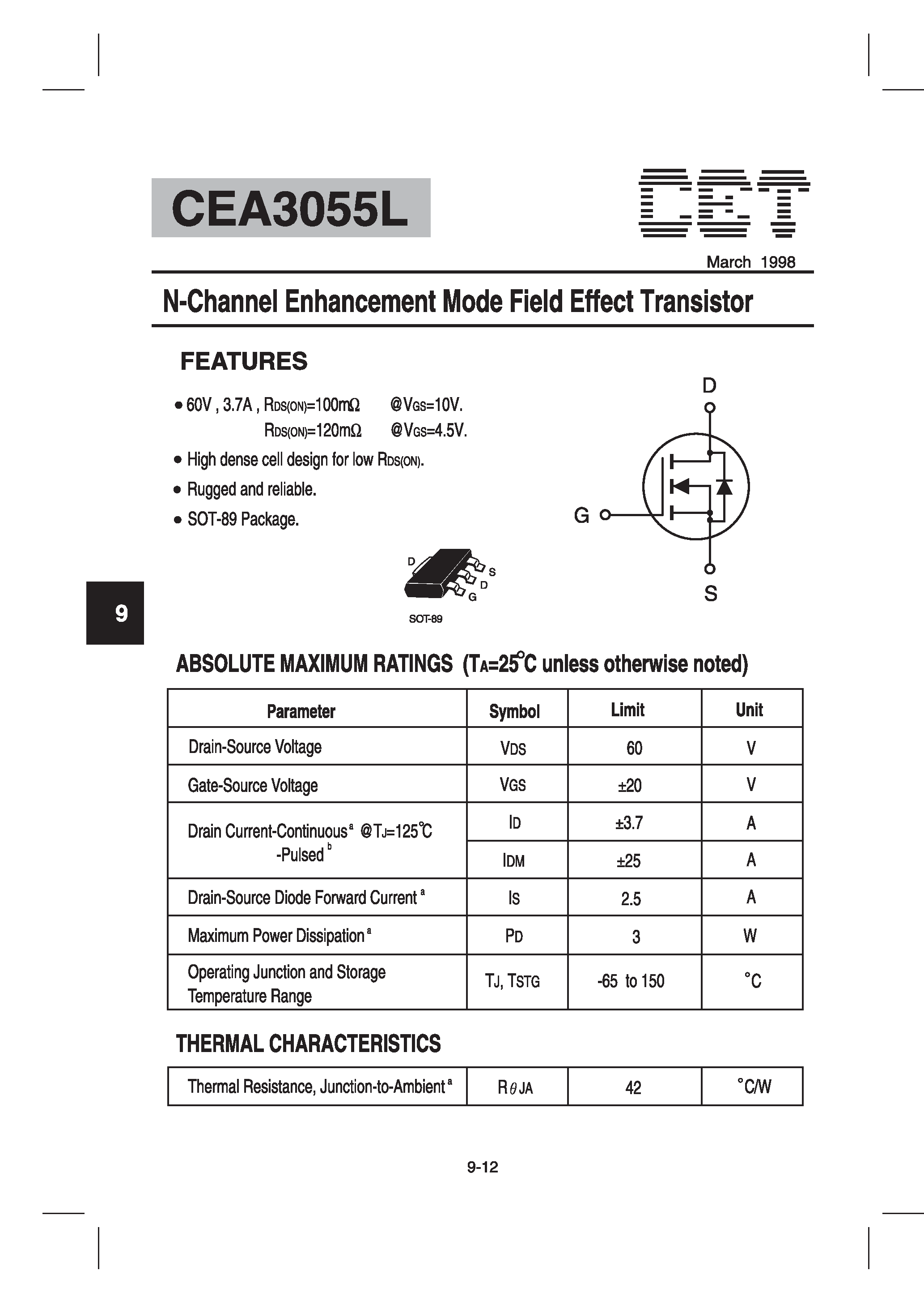 Datasheet CEA3055 - N-Channel Enhancement Mode Field Effect Transistor page 1