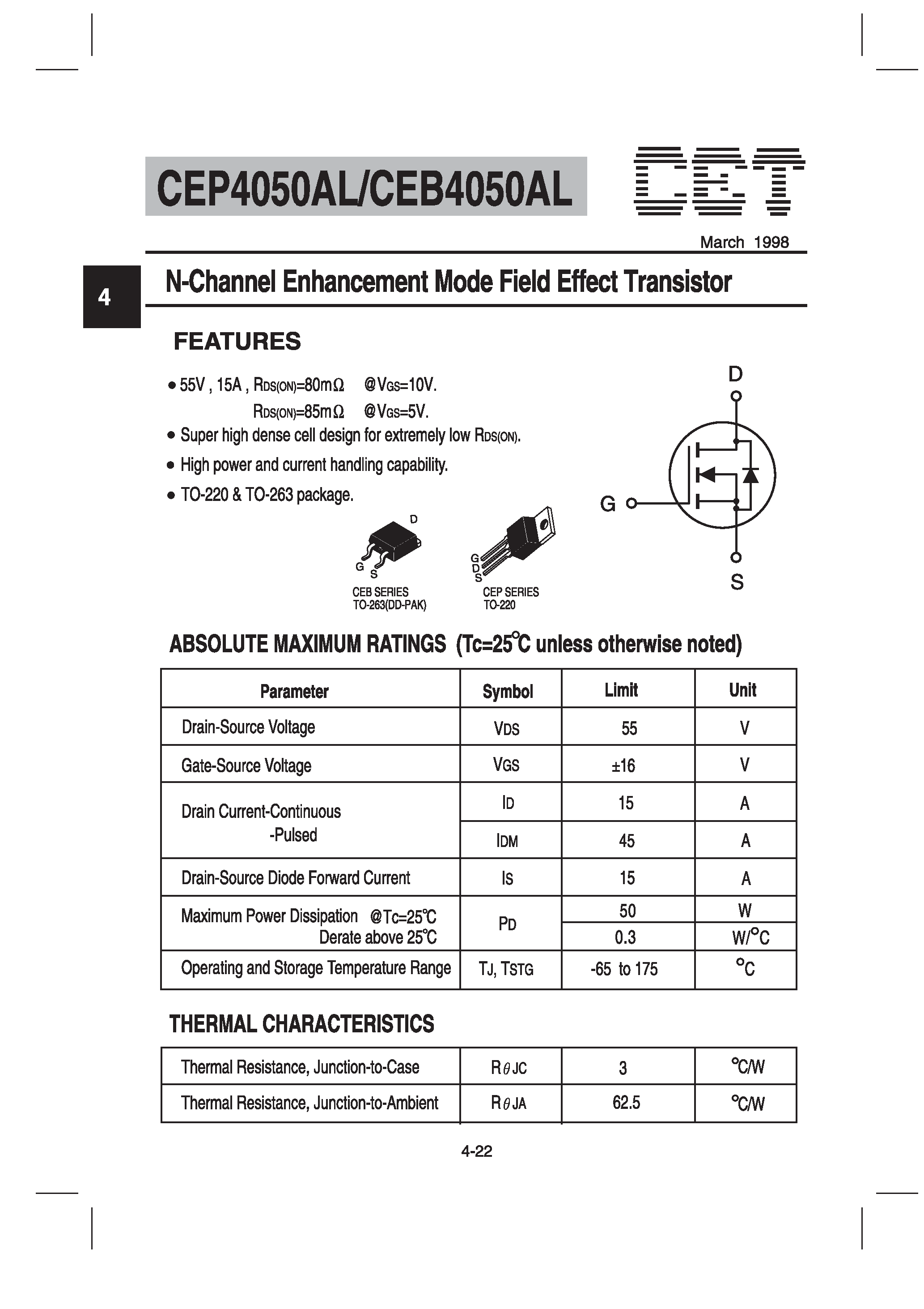 Datasheet CEB4050AL - N-Channel Enhancement Mode Field Effect Transistor page 1