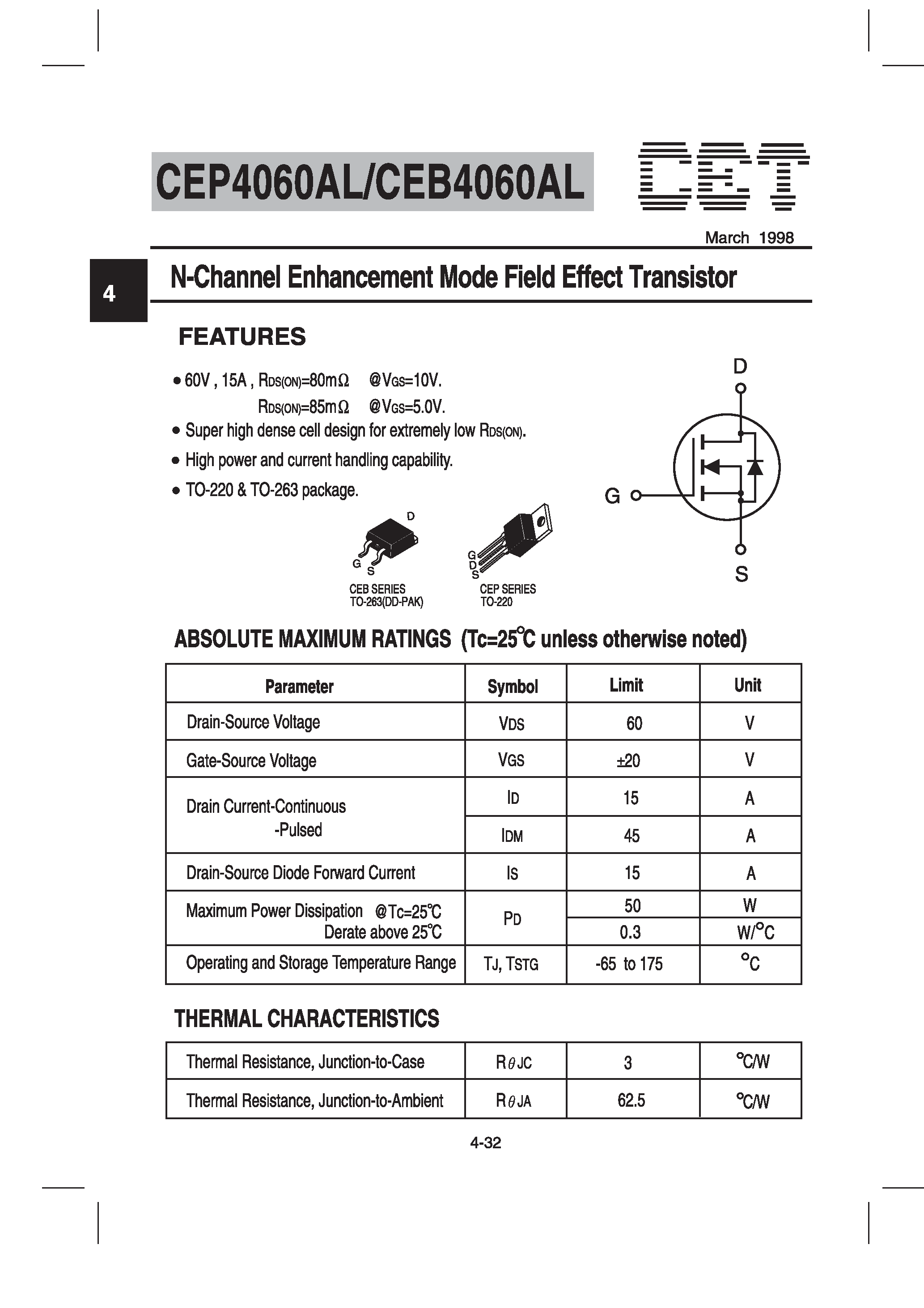 Datasheet CEB4060AL - N-Channel Enhancement Mode Field Effect Transistor page 1