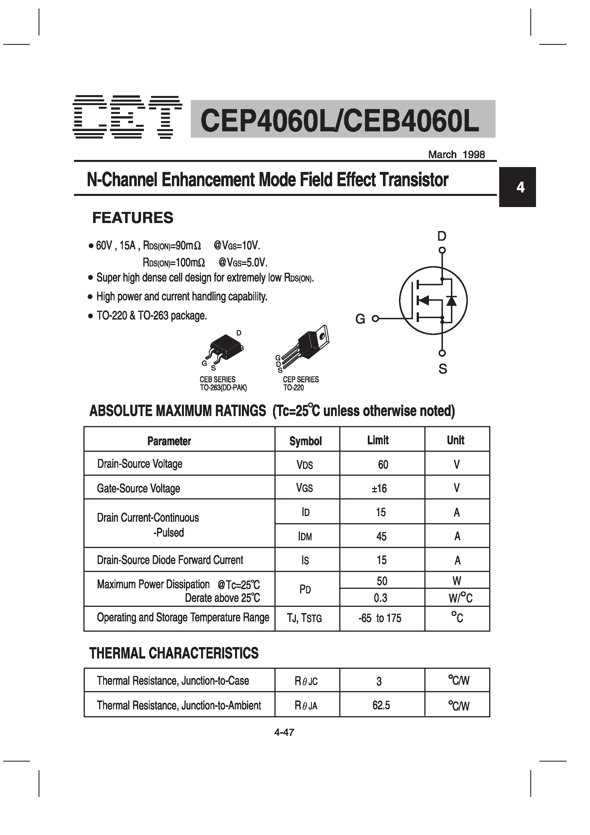Datasheet CEB4060L - N-Channel Enhancement Mode Field Effect Transistor page 1