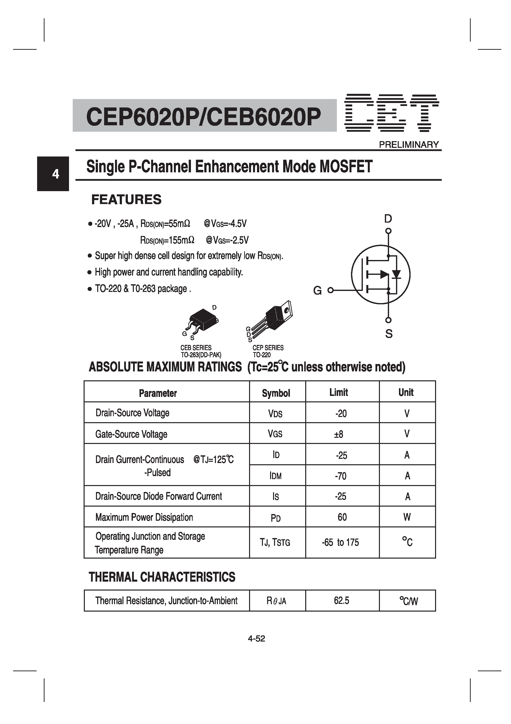 Datasheet CEB6020P - Single P-Channel Enhancement Mode MOSFET page 1
