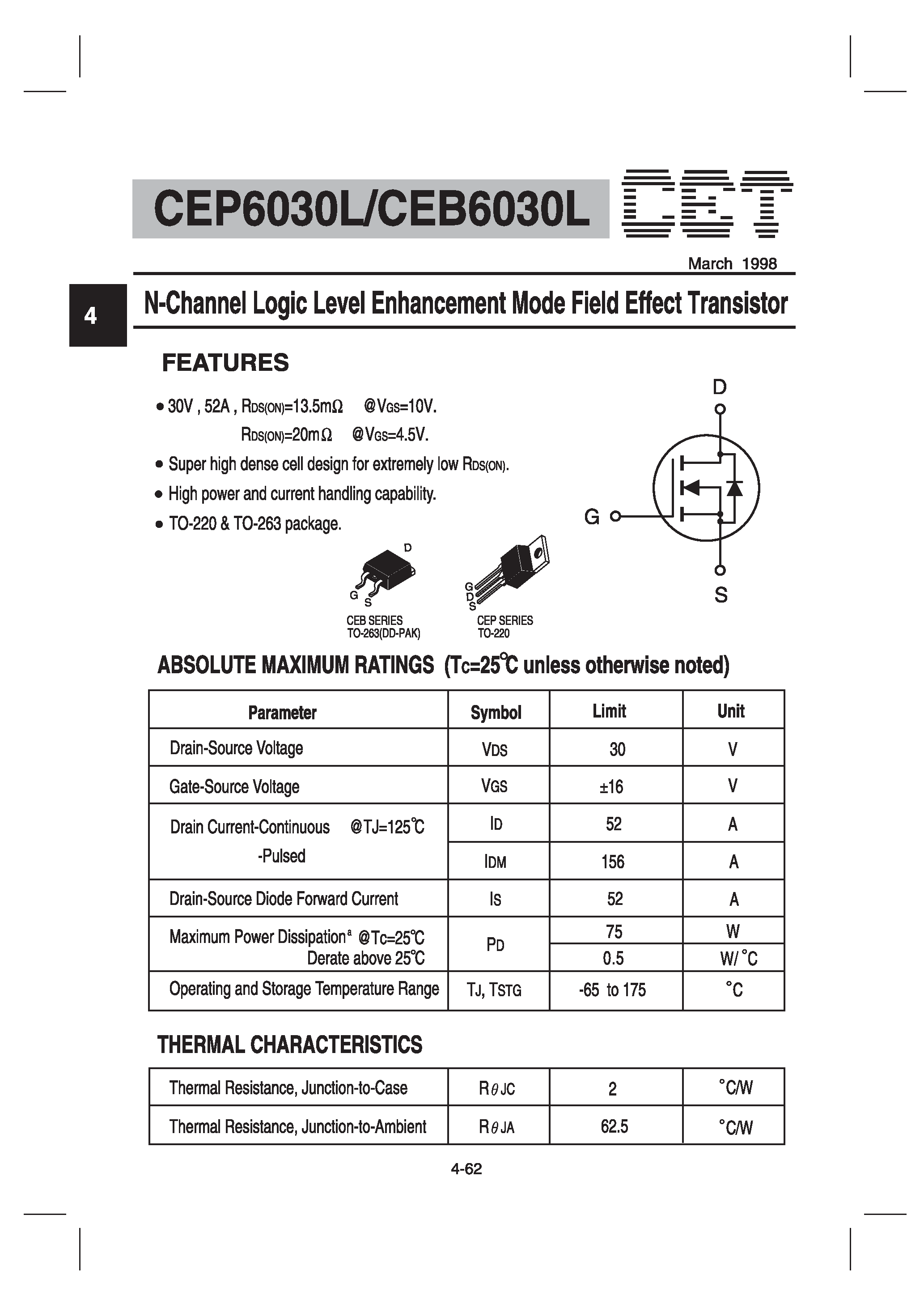 Даташит на микросхему CEB6030L страница 1 Даташит CEB6030L - N-Channel Logic Level Enhancement Mode Field Effect Transistor страница 1