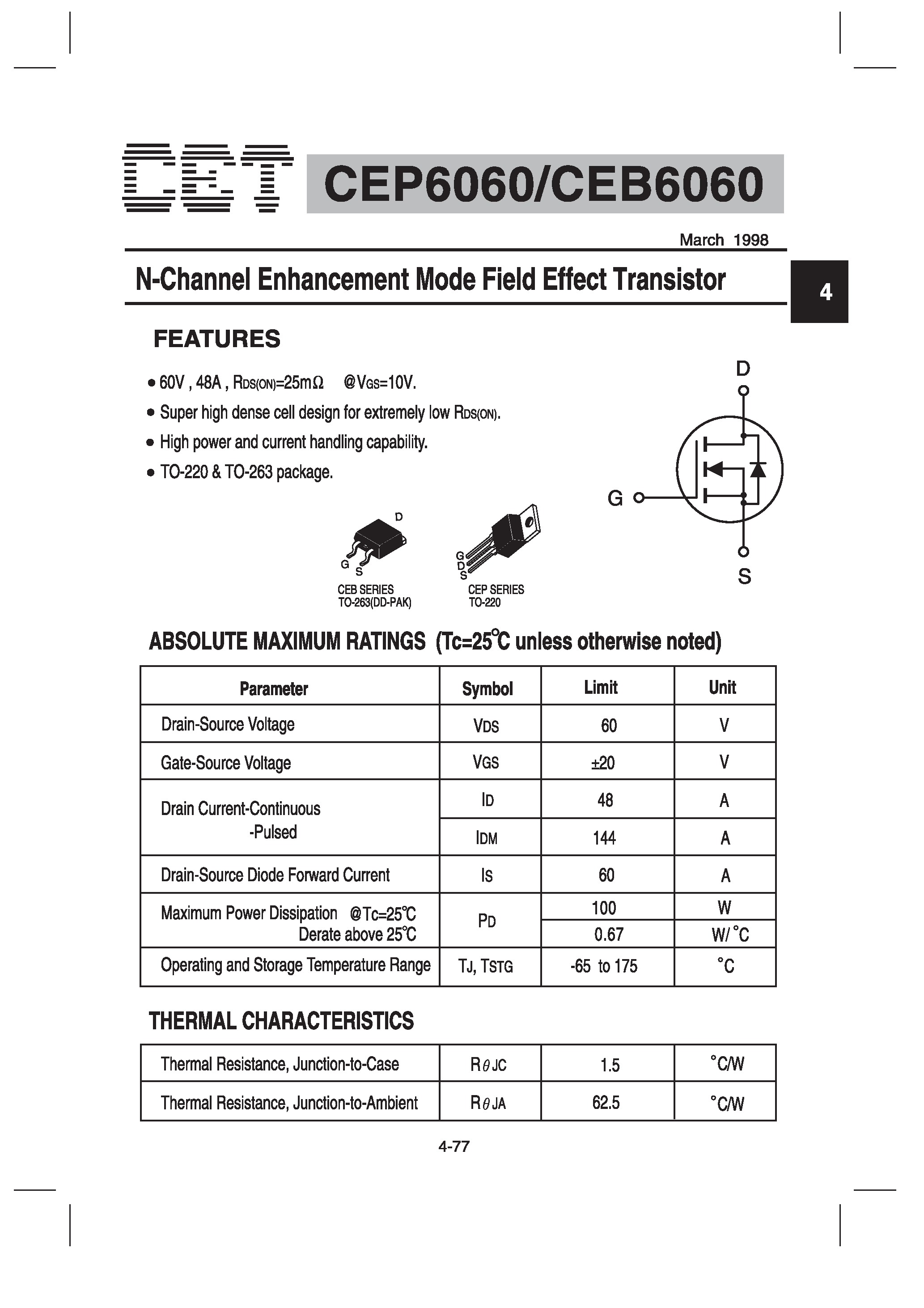 Datasheet CEB6060 - N-Channel Enhancement Mode Field Effect Transistor page 1