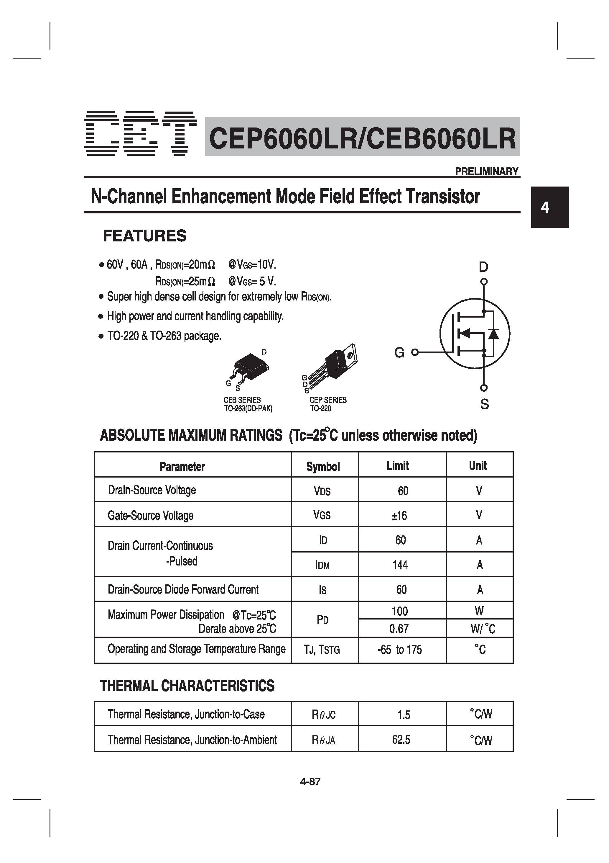 Datasheet CEB6060LR - N-Channel Enhancement Mode Field Effect Transistor page 1