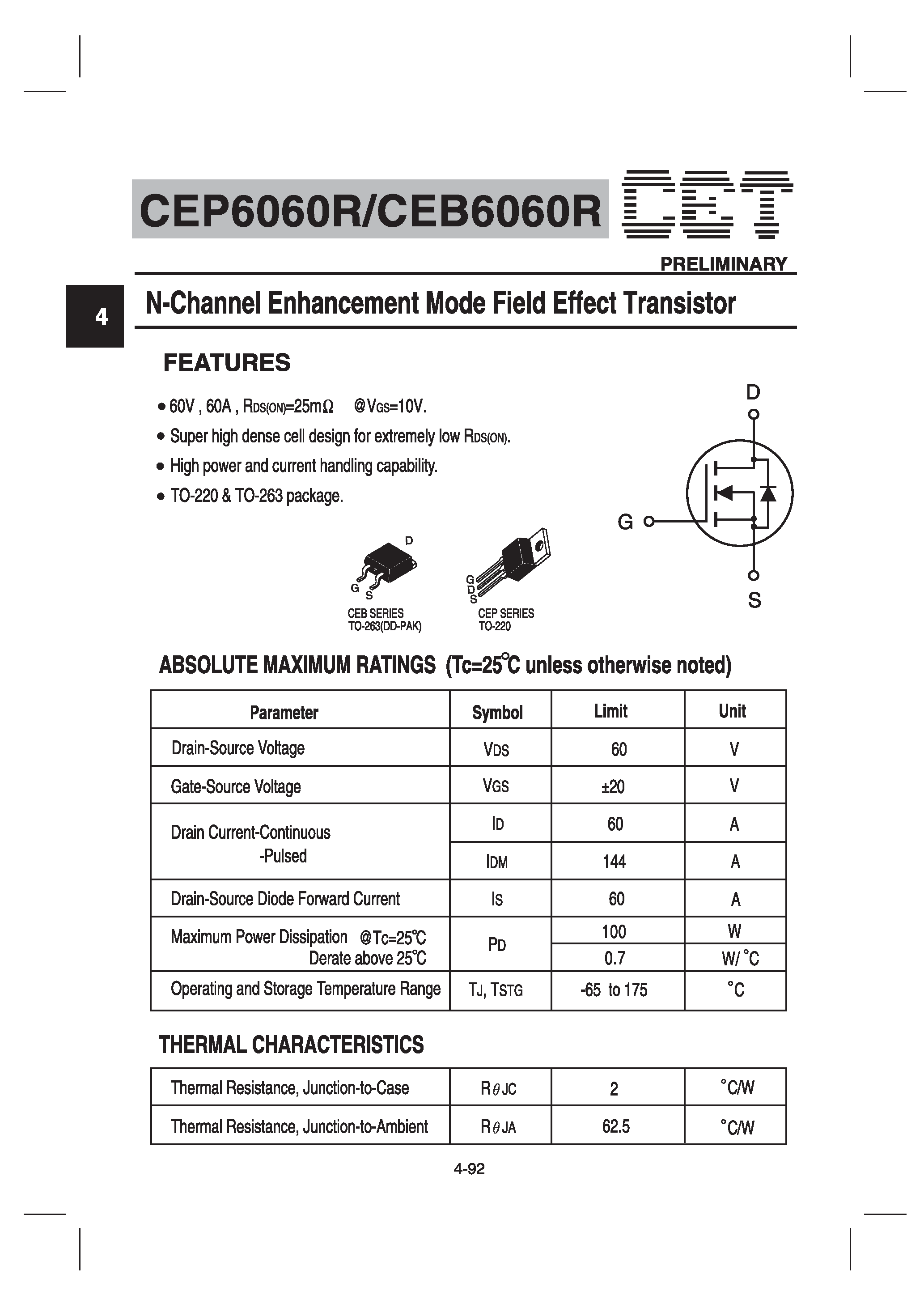 Datasheet CEB6060R - N-Channel Enhancement Mode Field Effect Transistor page 1