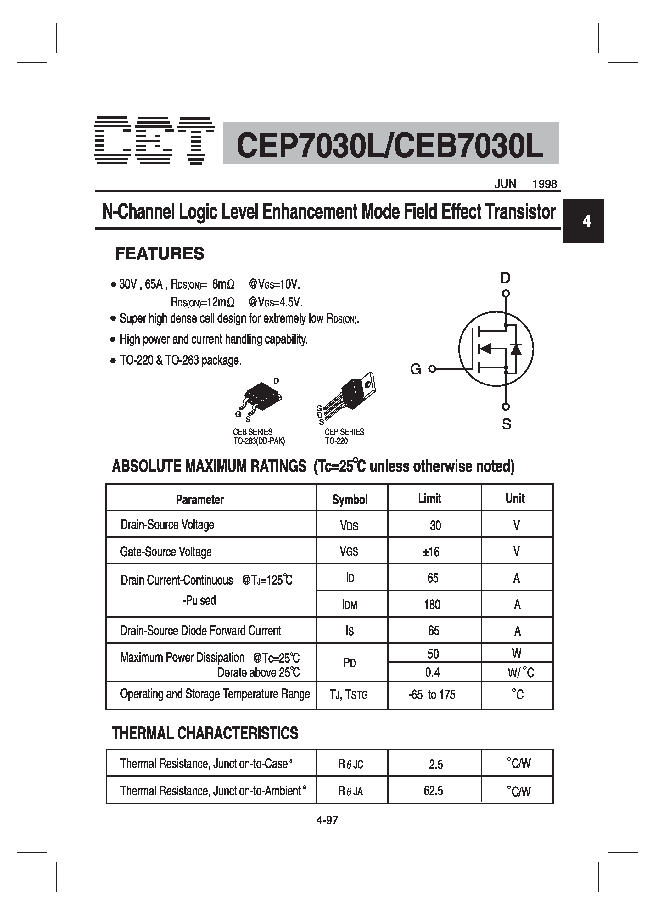 Datasheet CEB7030L - N-Channel Logic Level Enhancement Mode Field Effect Transistor page 1