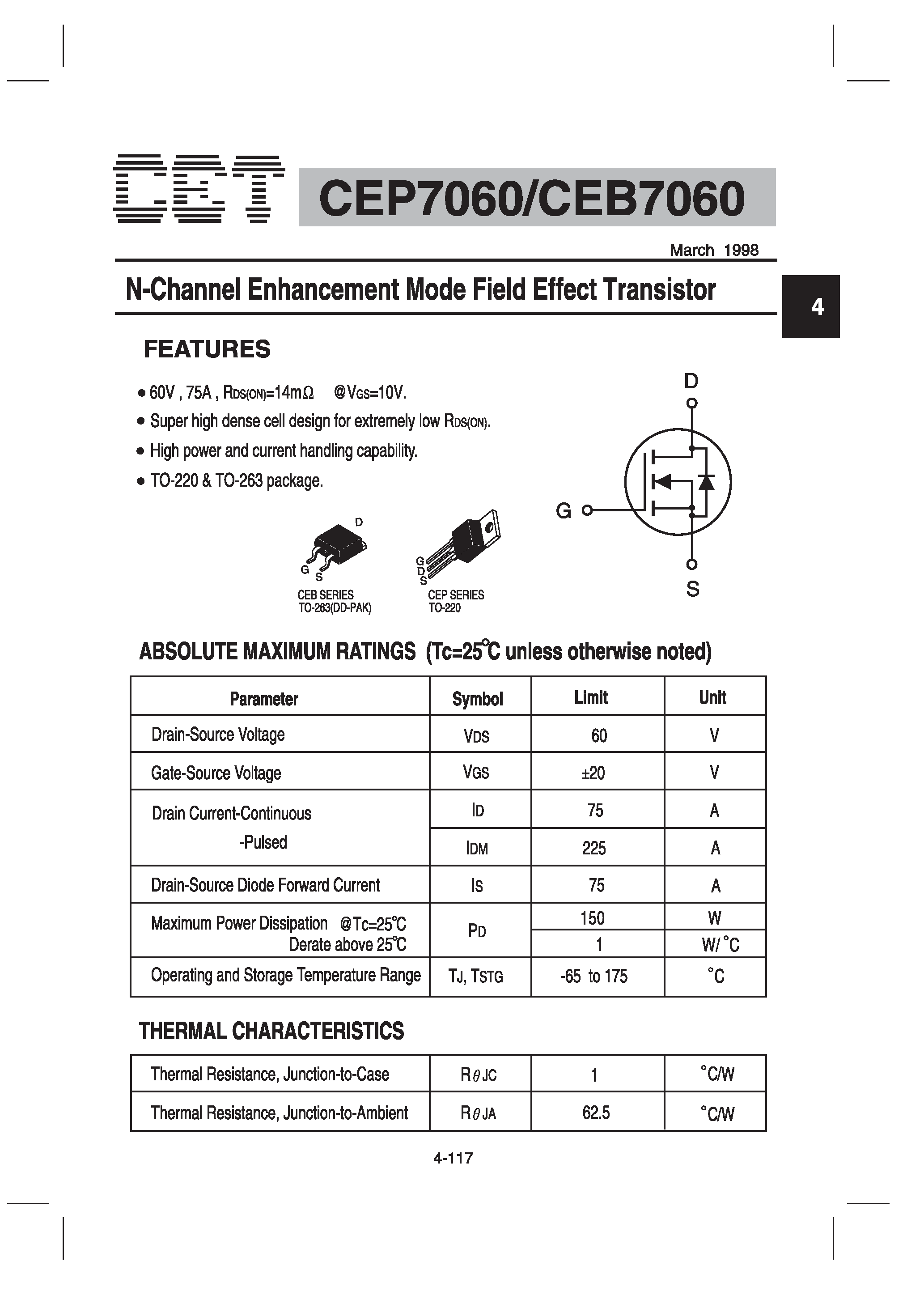 Datasheet CEB7060 - N-Channel Enhancement Mode Field Effect Transistor page 1