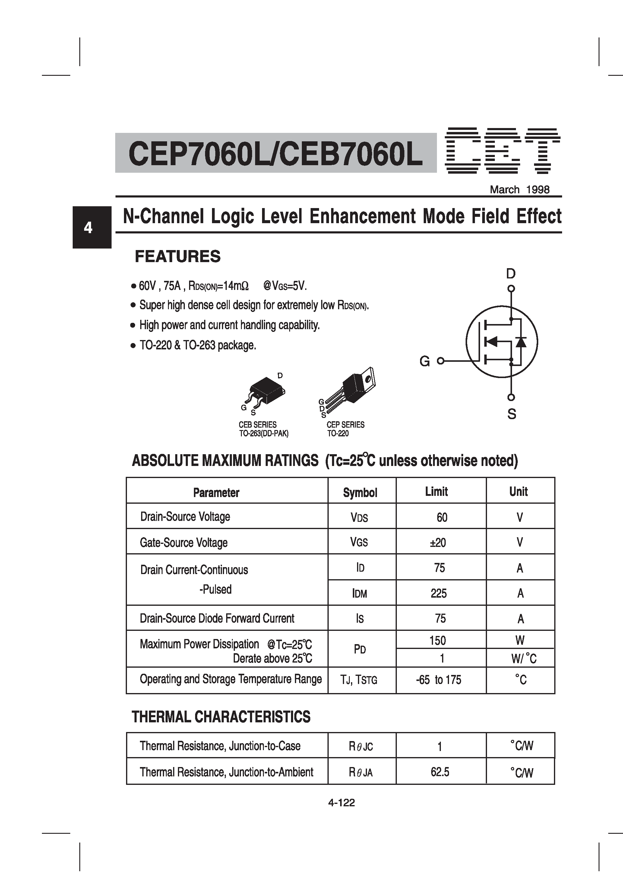 Datasheet CEB7060L - N-Channel Logic Level Enhancement Mode Field Effect Transistor page 1