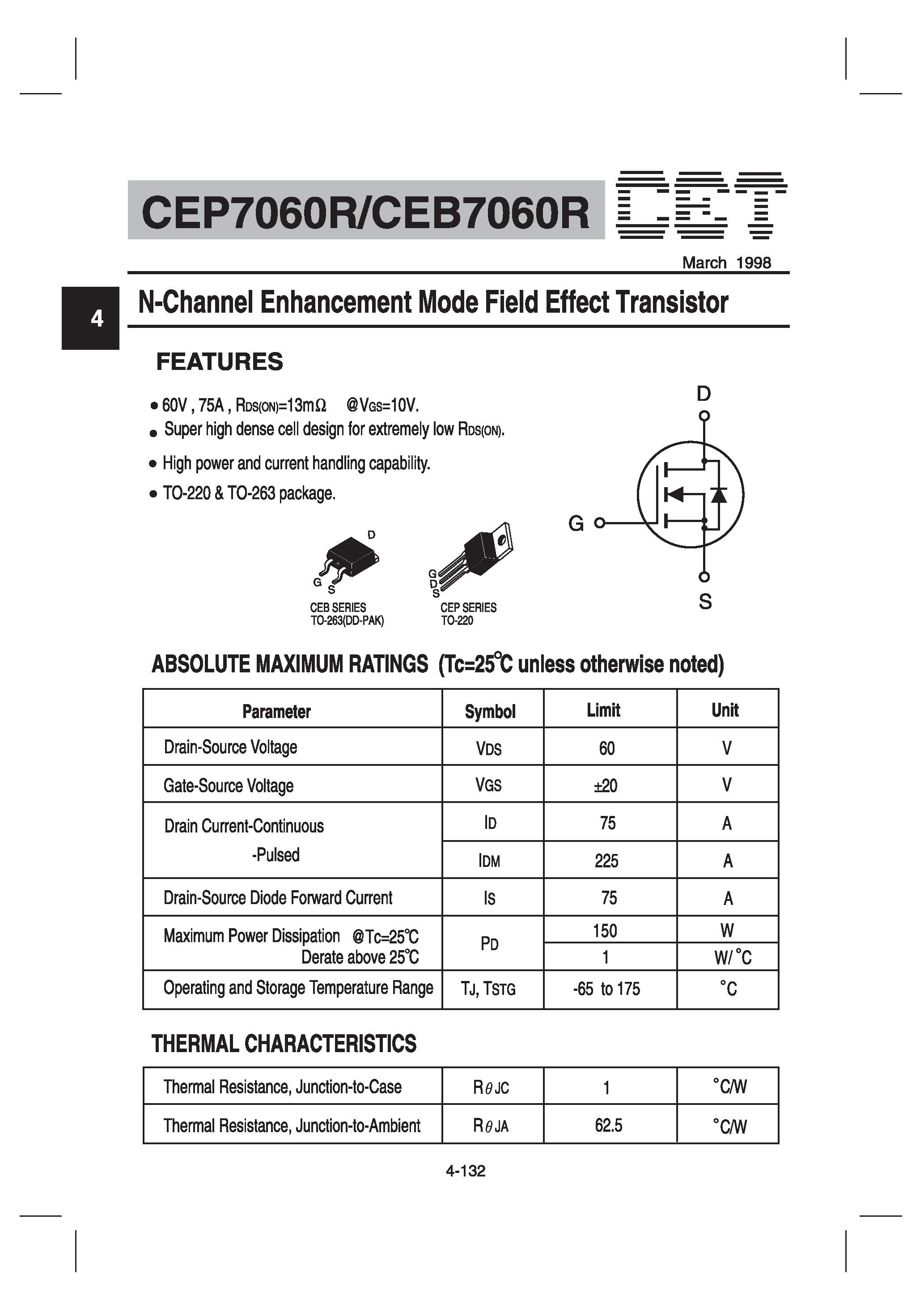 Datasheet CEB7060R - N-Channel Enhancement Mode Field Effect Transistor page 1