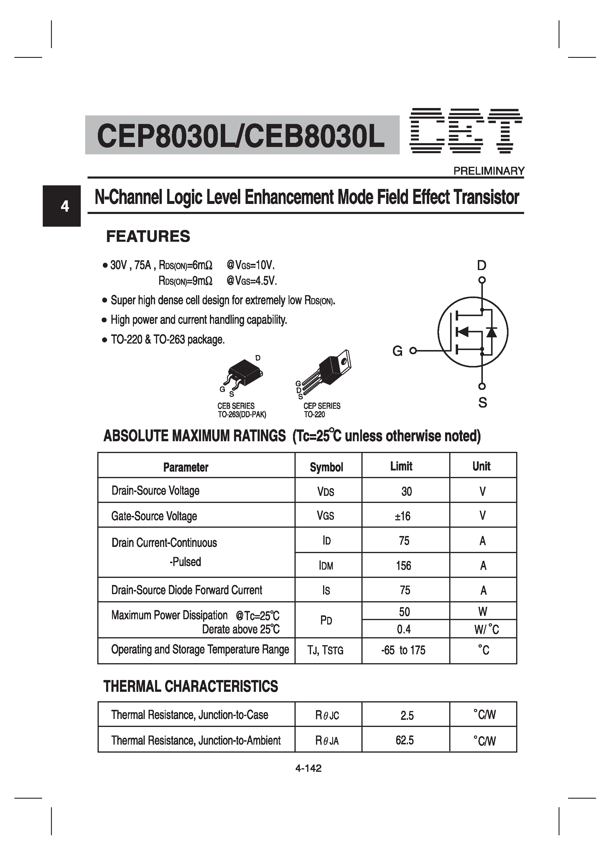 Datasheet CEB8030 - N-Channel Logic Level Enhancement Mode Field Effect Transistor page 1