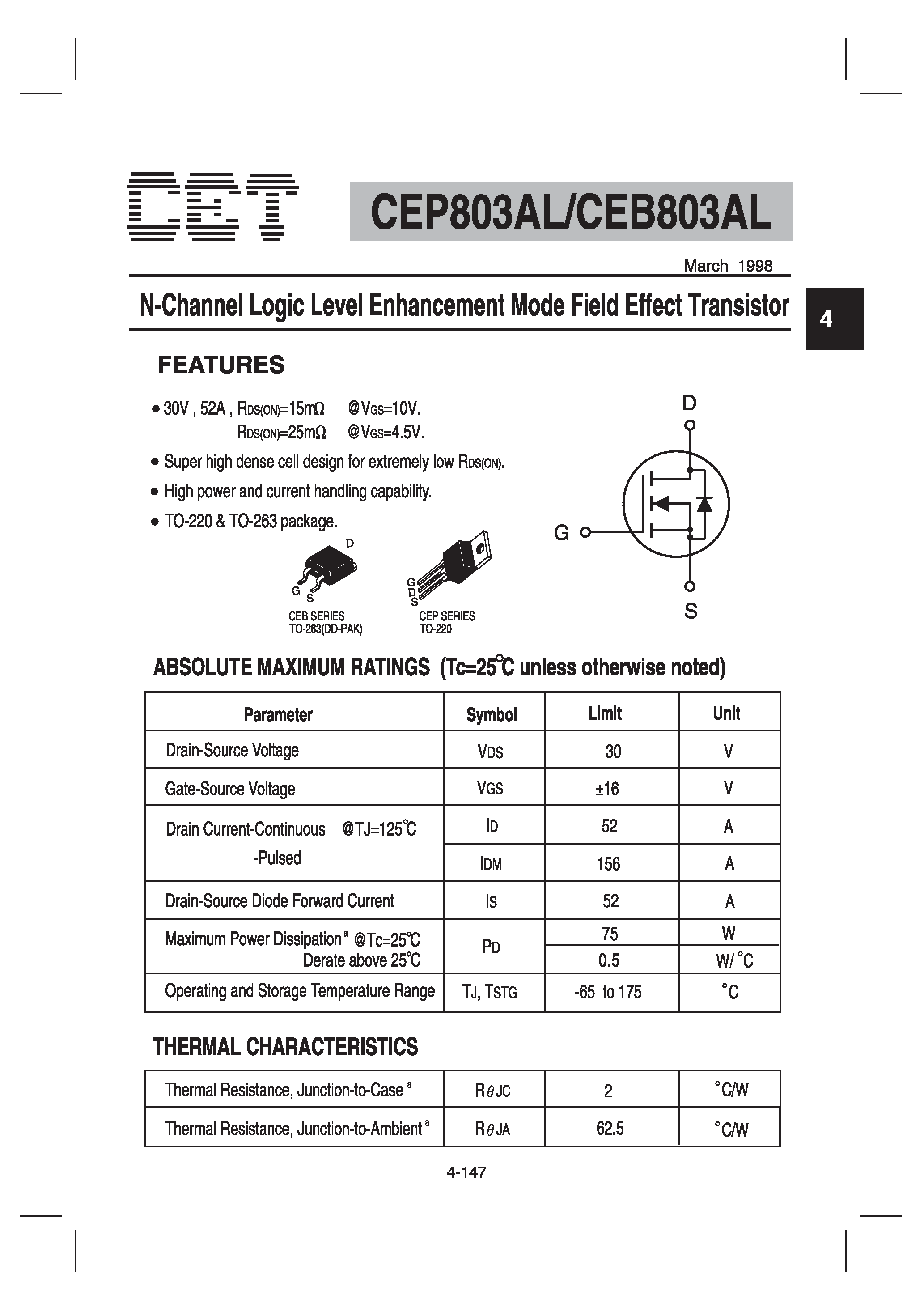 Datasheet CEB803AL - N-Channel Logic Level Enhancement Mode Field Effect Transistor page 1
