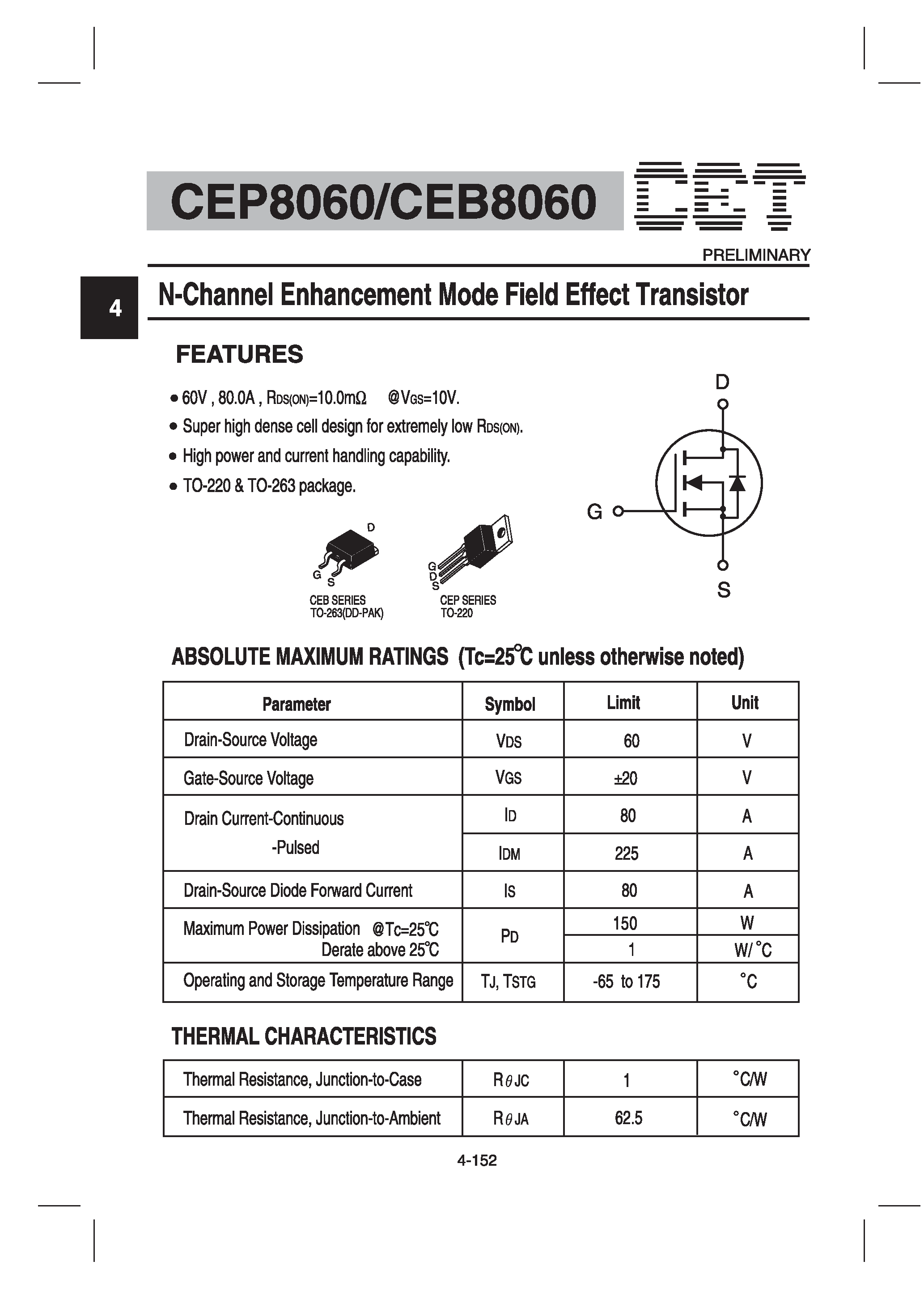 Datasheet CEB8060 - N-Channel Logic Level Enhancement Mode Field Effect Transistor page 1