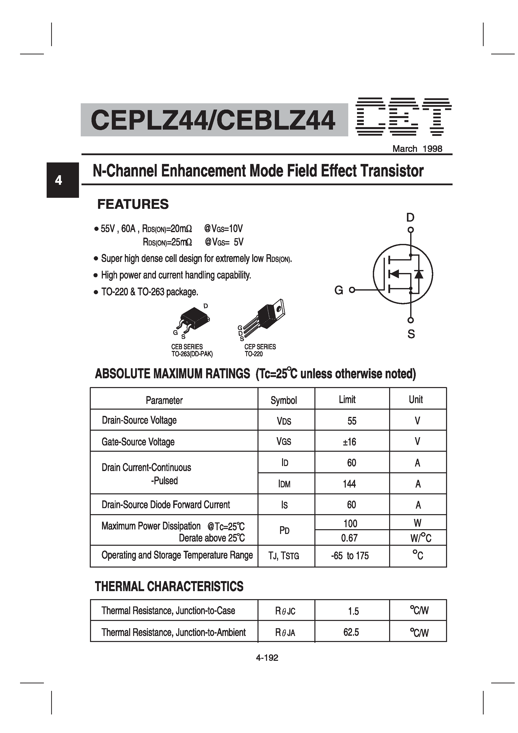 Datasheet CEBLZ44 - N-Channel Enhancement Mode Field Effect Transistor page 1