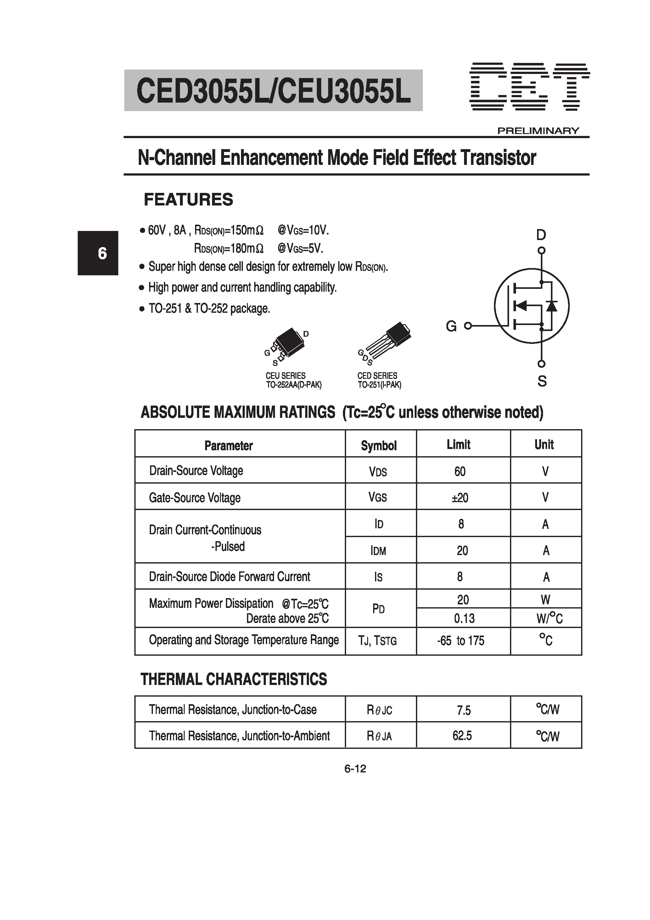 Datasheet CED3055L - N-Channel Enhancement Mode Field Effect Transistor page 1