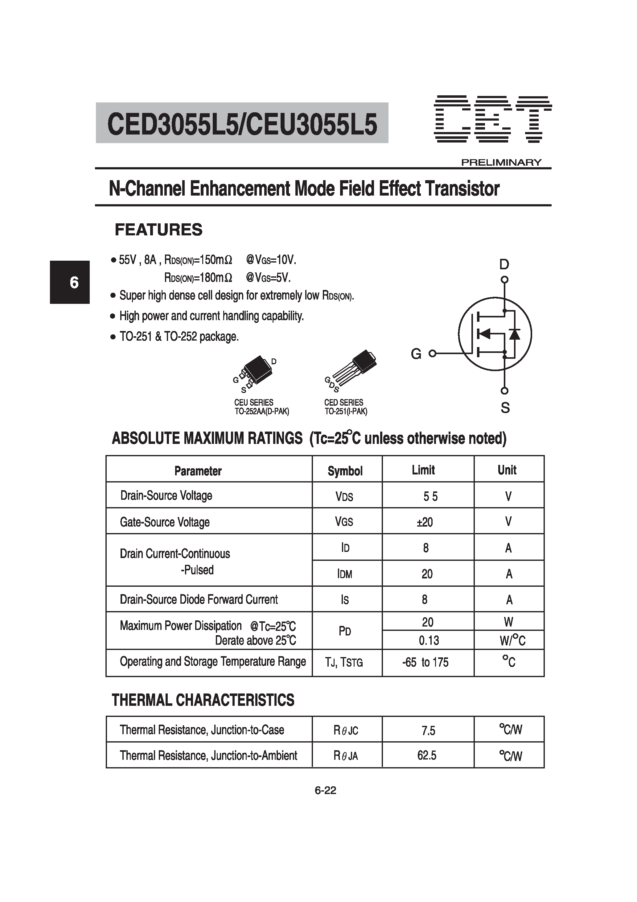 Datasheet CED3055L5 - N-Channel Enhancement Mode Field Effect Transistor page 1