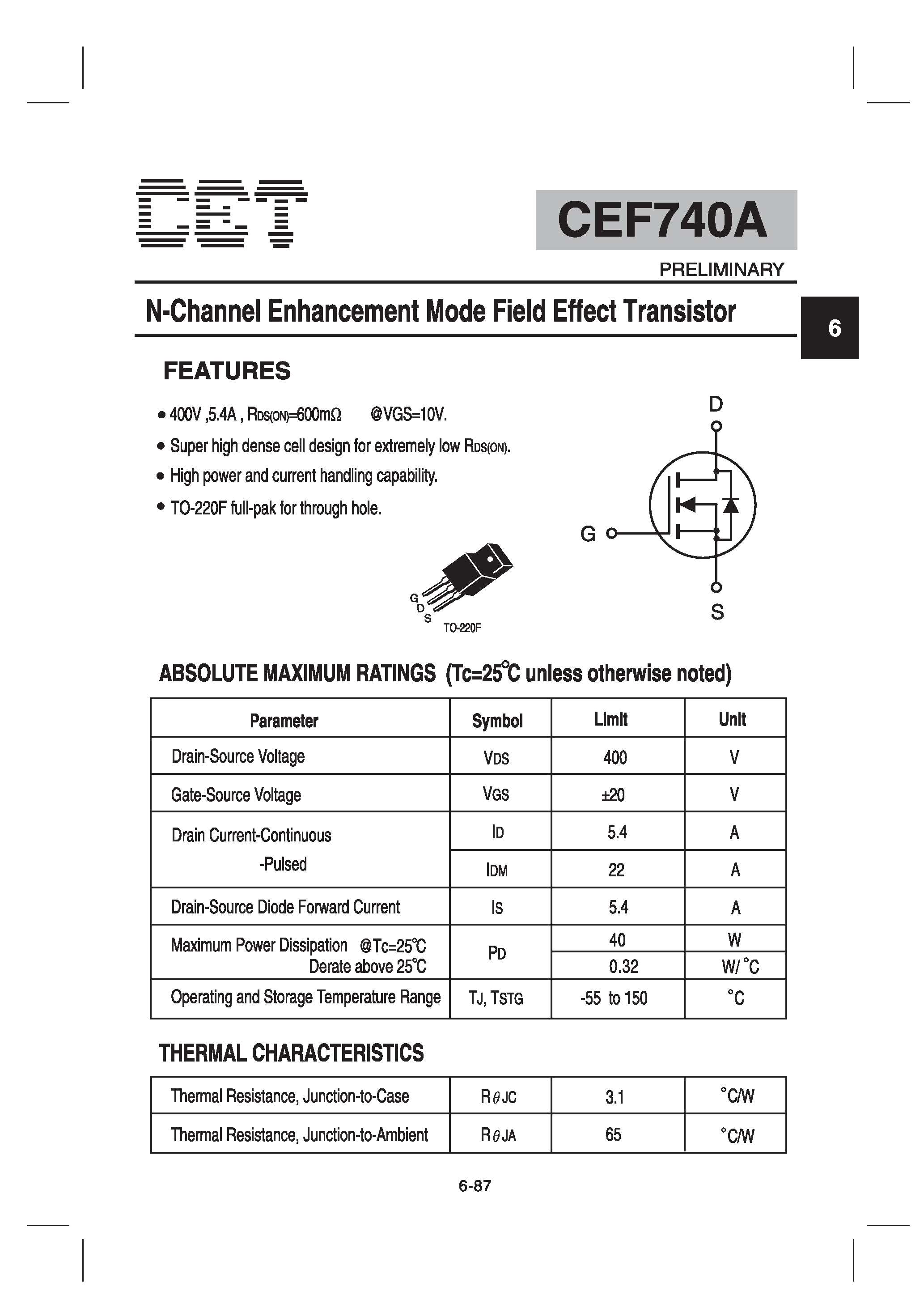 Datasheet CEF740A - N-Channel Enhancement Mode Field Effect Transistor page 1